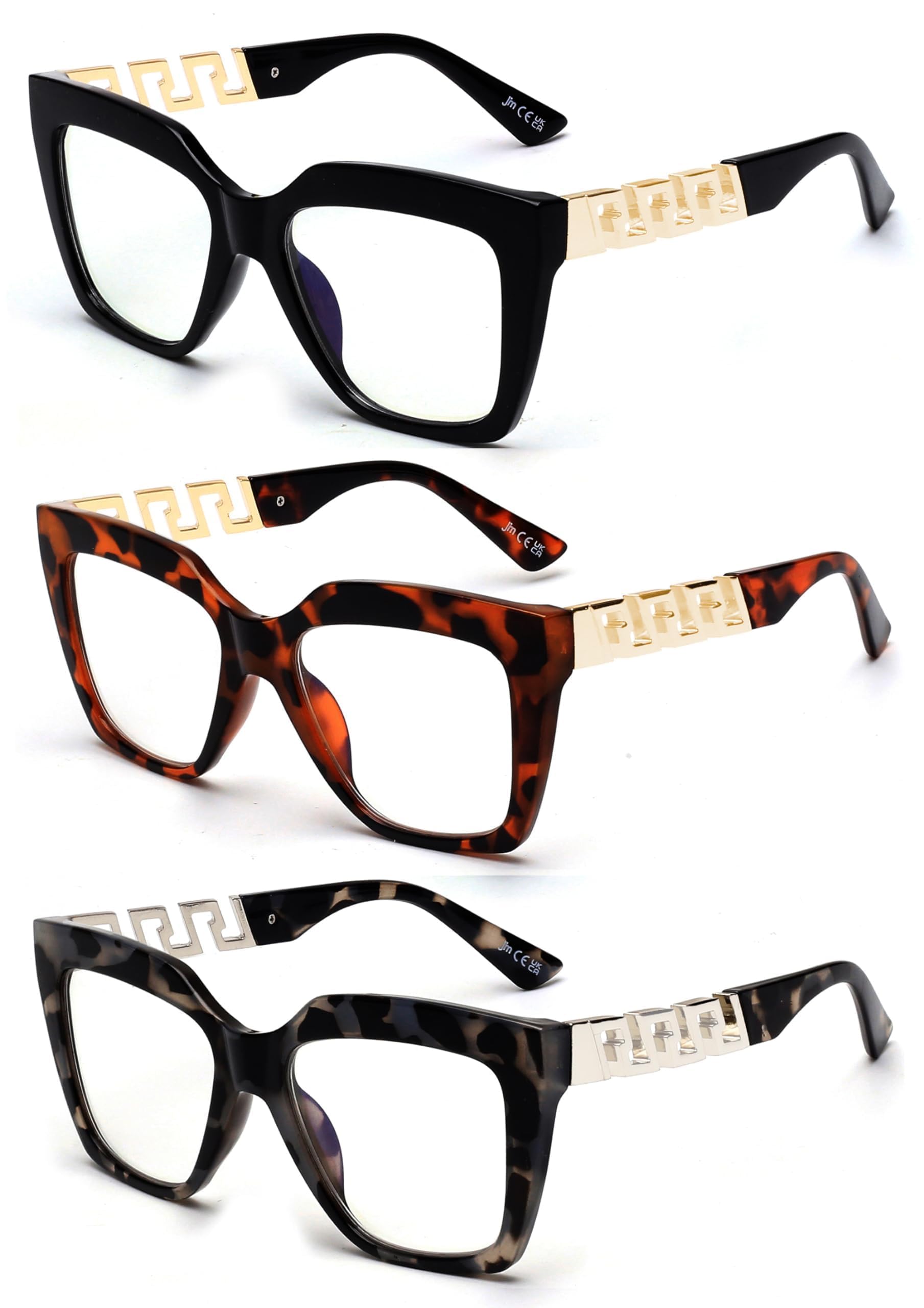 JM 3 Pack Fashion Reading Glasses for Women - Oversized Blue Light Blocking Computer Glasses with Oprah Style Frames | Perfect for Office Work, Screen Time & Reading Books