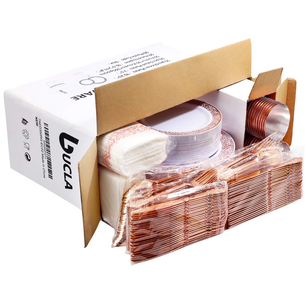 350-Piece Rose Gold Plastic Dinnerware Set with Disposable Silverware & Napkins - Elegant Lace Design Plates for Weddings, Parties, and Special Events - Perfect for Bridal Showers, Birthday Celebrations, and Outdoor Gatherings