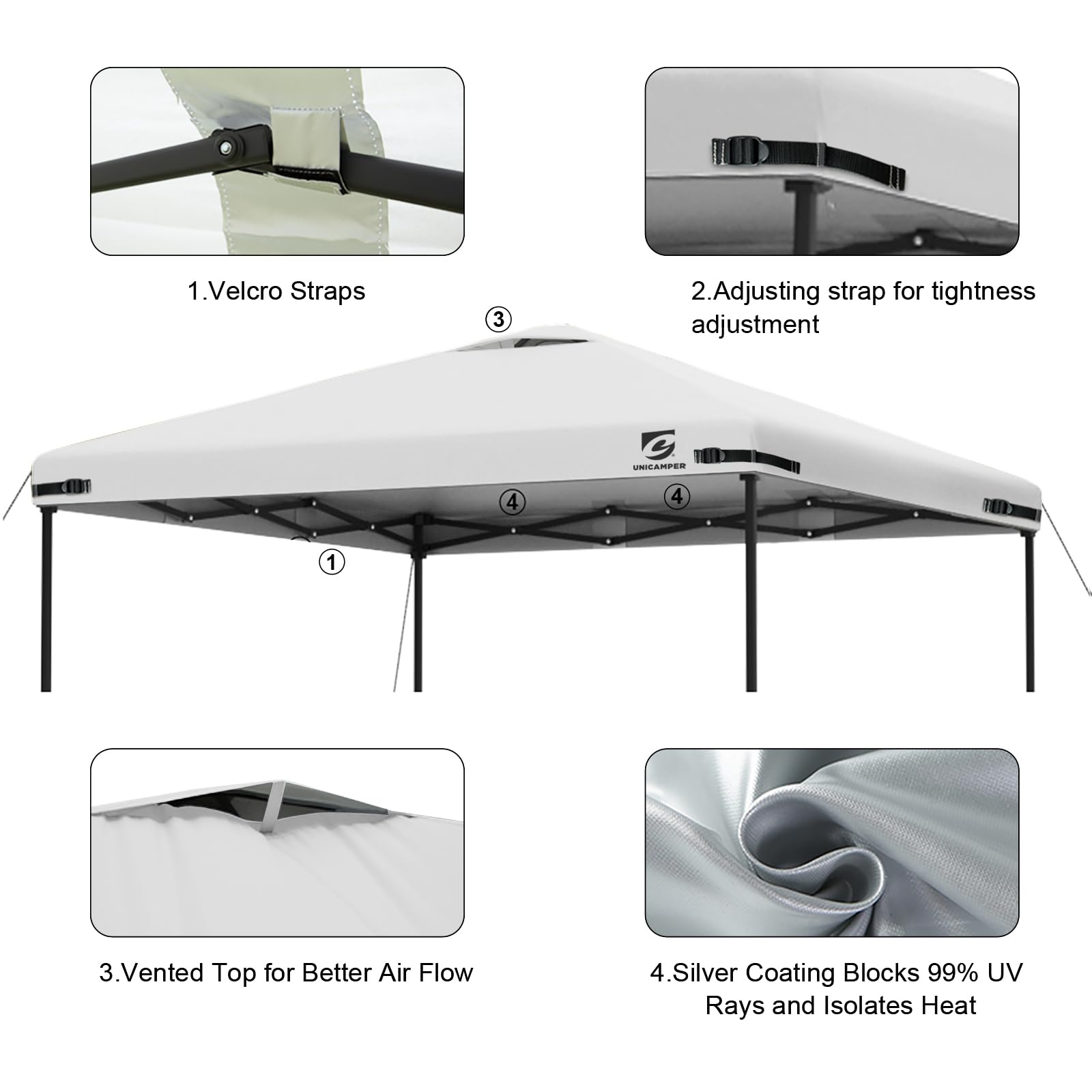 10x10 Pop Up Canopy Replacement Top Cover with Air Vent - Waterproof Straight Leg Canopy Tent Cover for Outdoor, Camping, Garden, Patio Sun Shade (White, Top Only) - Perfect for Picnics, BBQs, Beach Trips and Backyard Parties