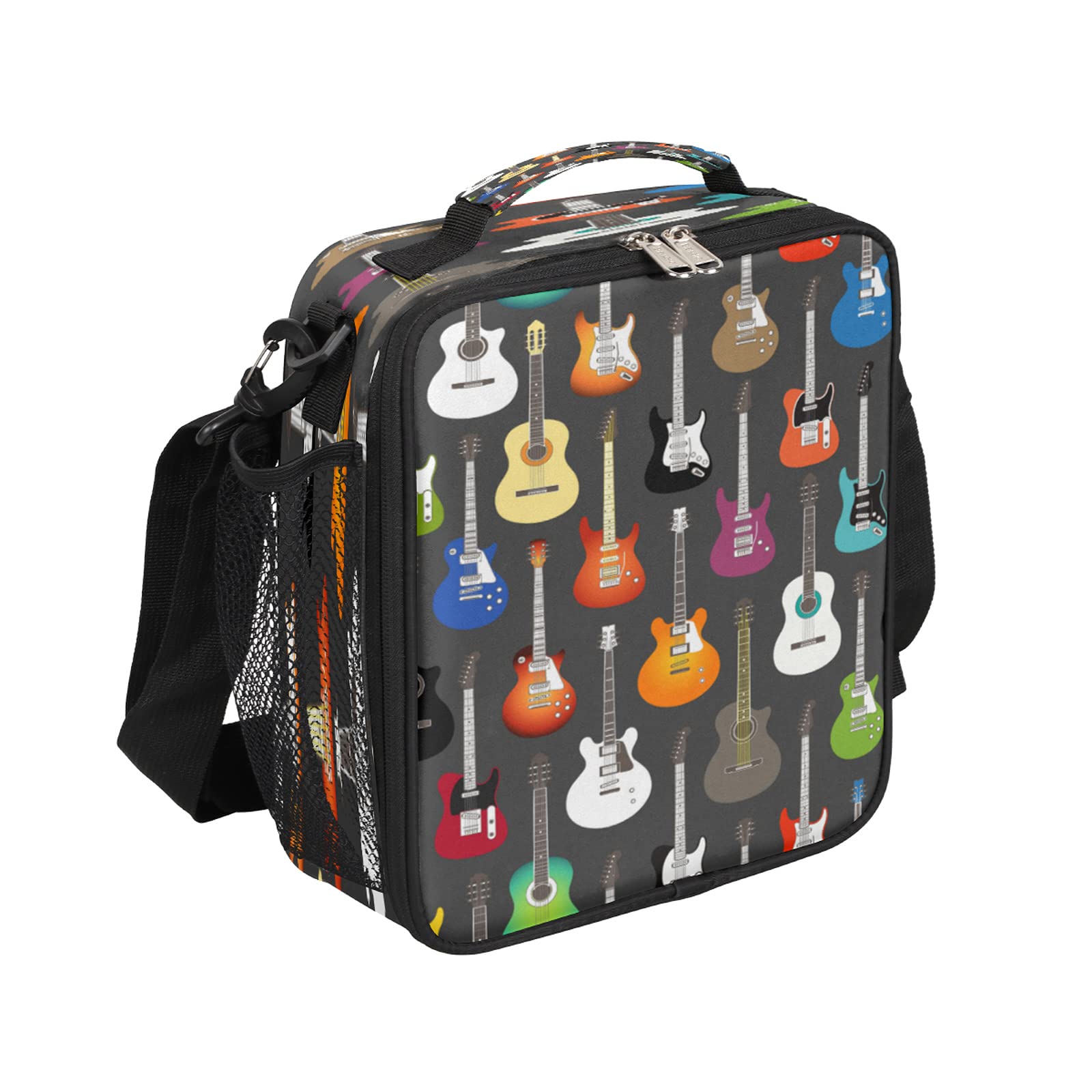 Insulated Lunch Bag with Music Guitar Design - Adjustable Shoulder Strap & Side Pocket Thermal Cooler - Reusable for School, Office, Picnic & Travel - Perfect for Women & Men
