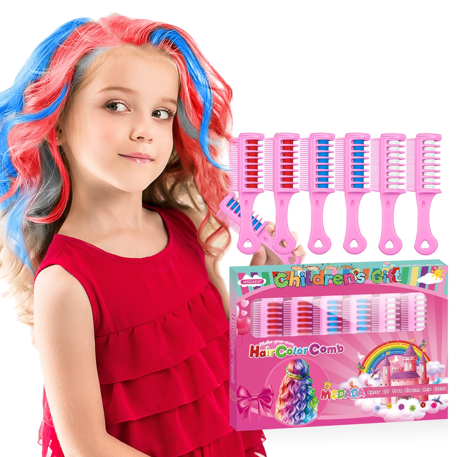 Washable Temporary Hair Color Chalk Comb for Kids & Teens - Non-Toxic Hair Dye for Light Hair Ages 5-10+ | Birthday Party, Halloween, Christmas Gift | DIY Cosplay & Costume Accessories (Red, White, Blue) | Fun for School Events & Dress-Up Play