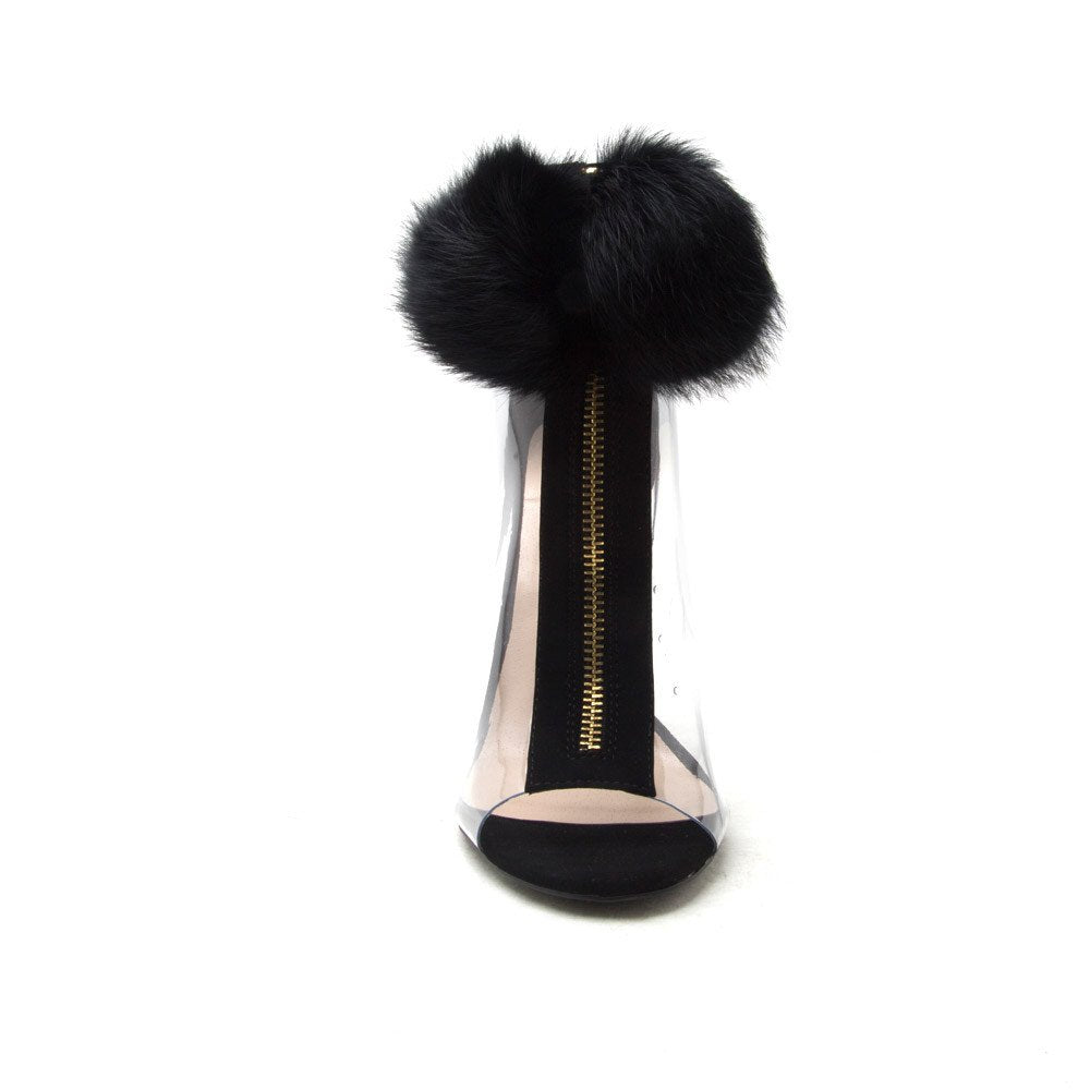 Black Faux Fur Pom Pom Booties for Women - Cozy Winter Slippers with Fluffy Pom Poms, Perfect for Home, Lounge & Gift Giving