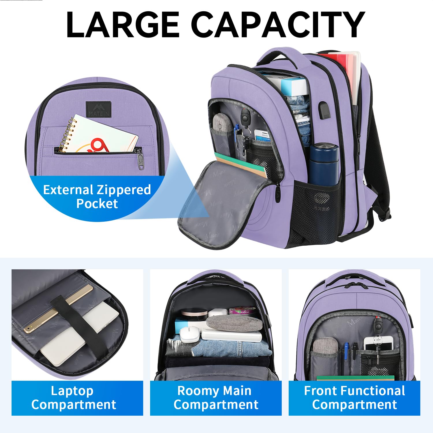 MATEIN Expandable 15.6 Inch Laptop Backpack for Women & Men, Anti-Theft USB Charging Port, Water-Resistant Business Computer Bag, Perfect for College, Travel, Work & Daily Commute, Purple