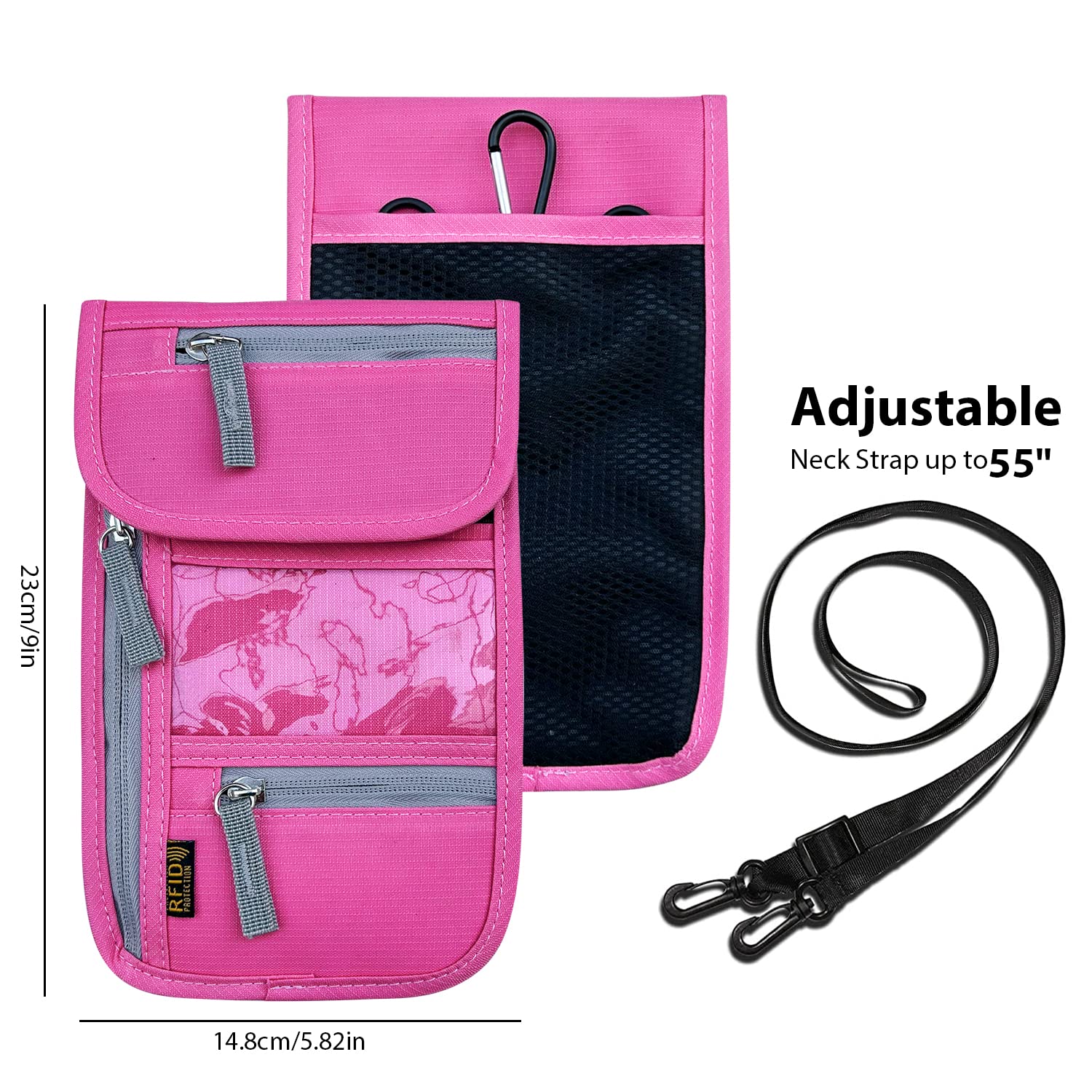 RFID Blocking Travel Neck Wallet for Men & Women - Adjustable Neck Strap Passport Holder to Protect Cash, Credit Cards & Travel Documents (Rose) | Perfect for Airports, Sightseeing & International Trips