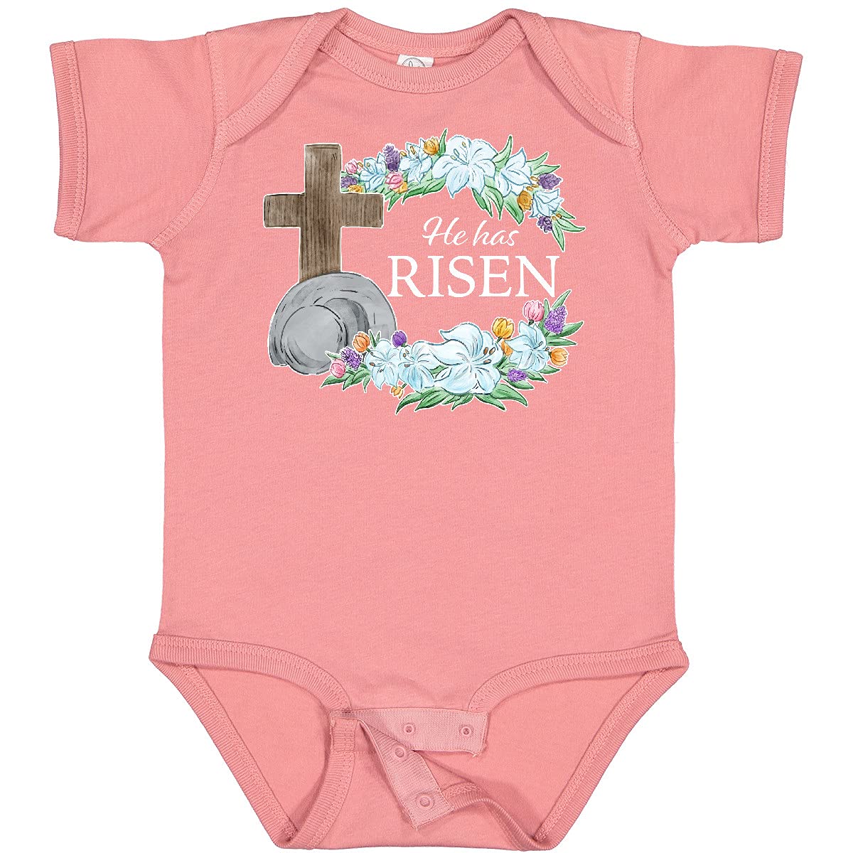 Inktastic Easter 'He Has Risen' Baby Bodysuit with Cross & Floral Design - Perfect for Easter Sunday, Baptism & Christening Celebrations