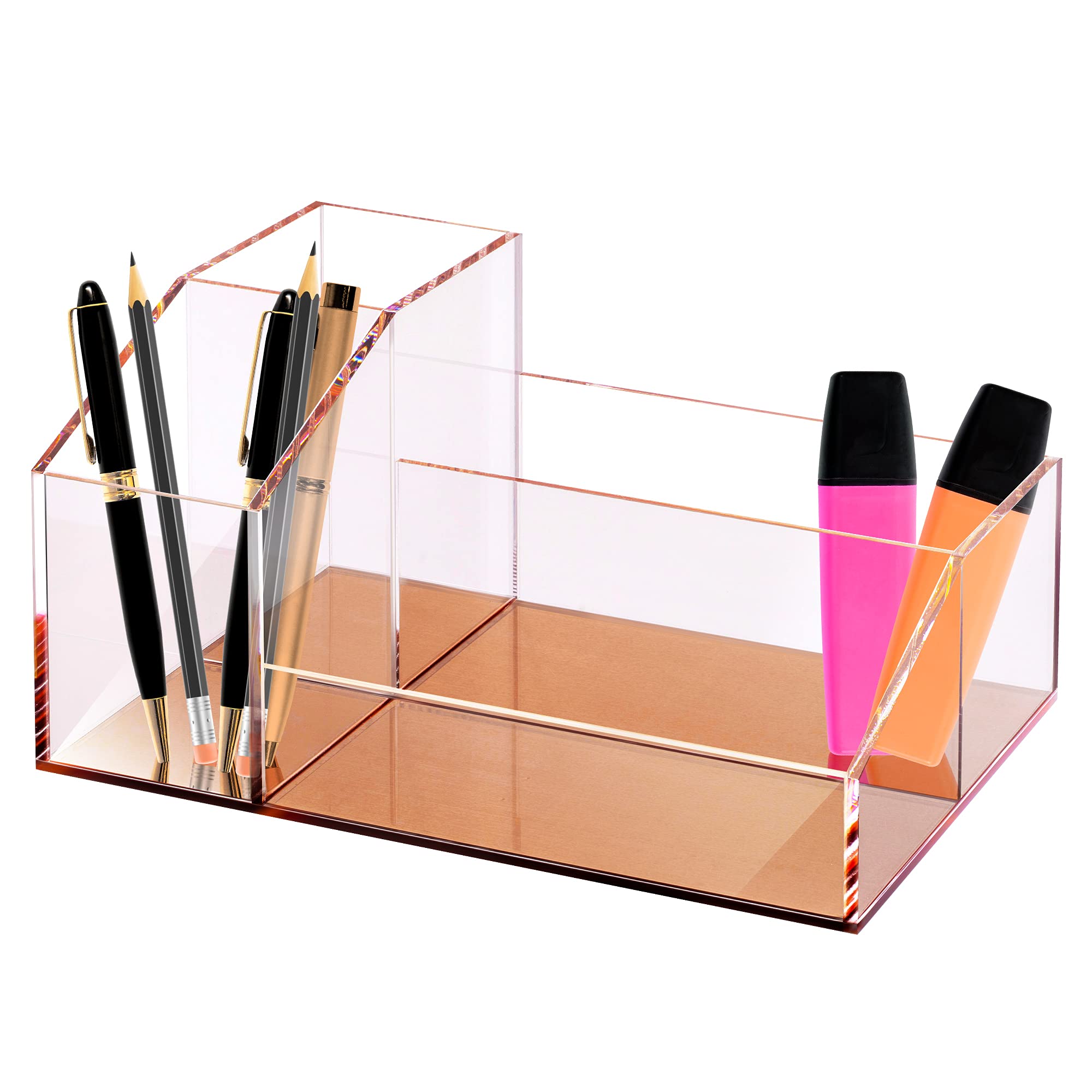 Clear Acrylic Makeup Brush Holder with Rose Gold Base - 4 Compartment Cosmetic Organizer for Vanity, Bathroom & Office Desk - Perfect for Makeup Storage, Classroom Supplies & Home Organization Accessories
