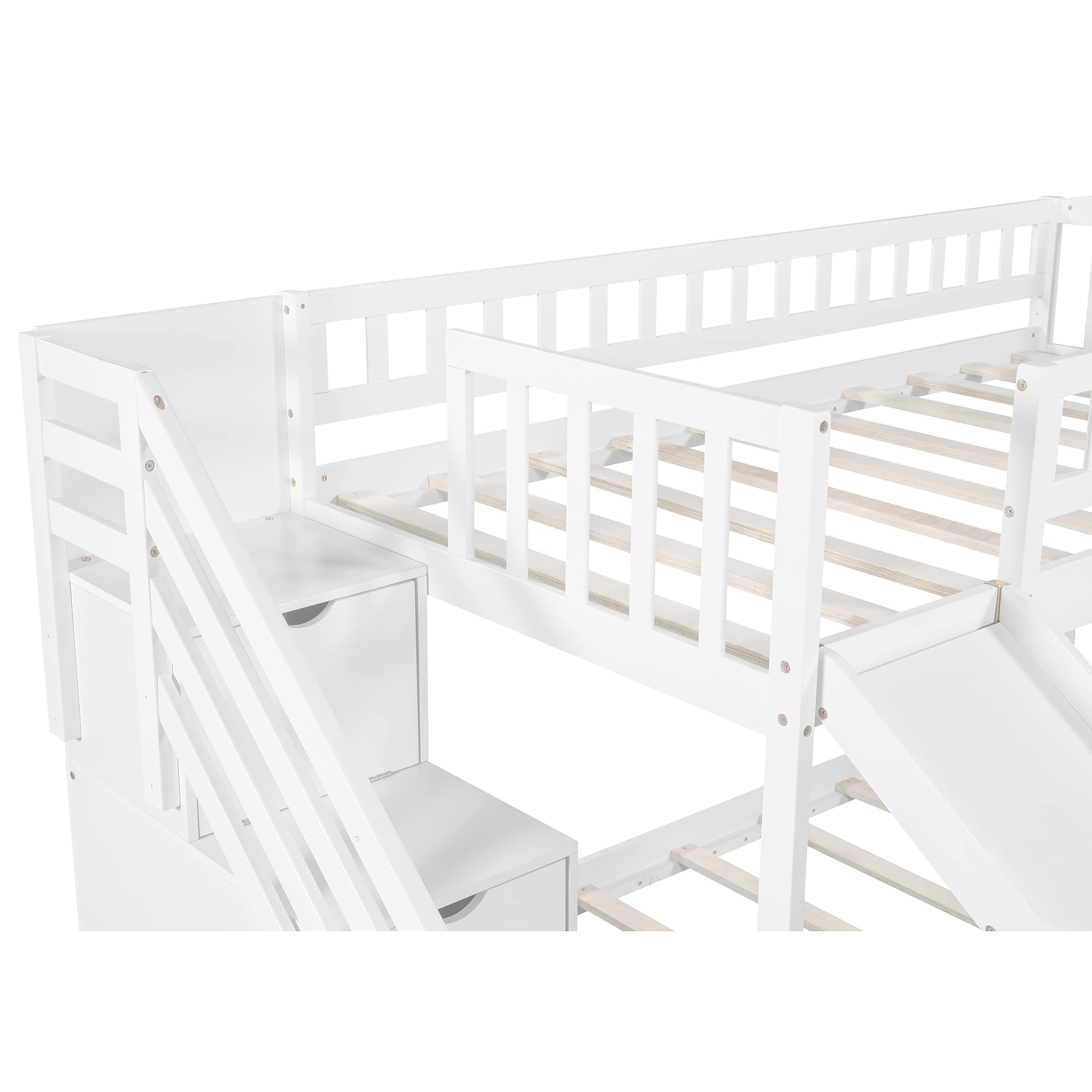 Kids Twin Over Twin Low Bunk Bed with Slide, Ladder & 2 Drawers - Solid Wood Floor Bunk Bed for Boys & Girls - Perfect for Small Bedrooms, Shared Kids Rooms & Space-Saving Sleep Solutions