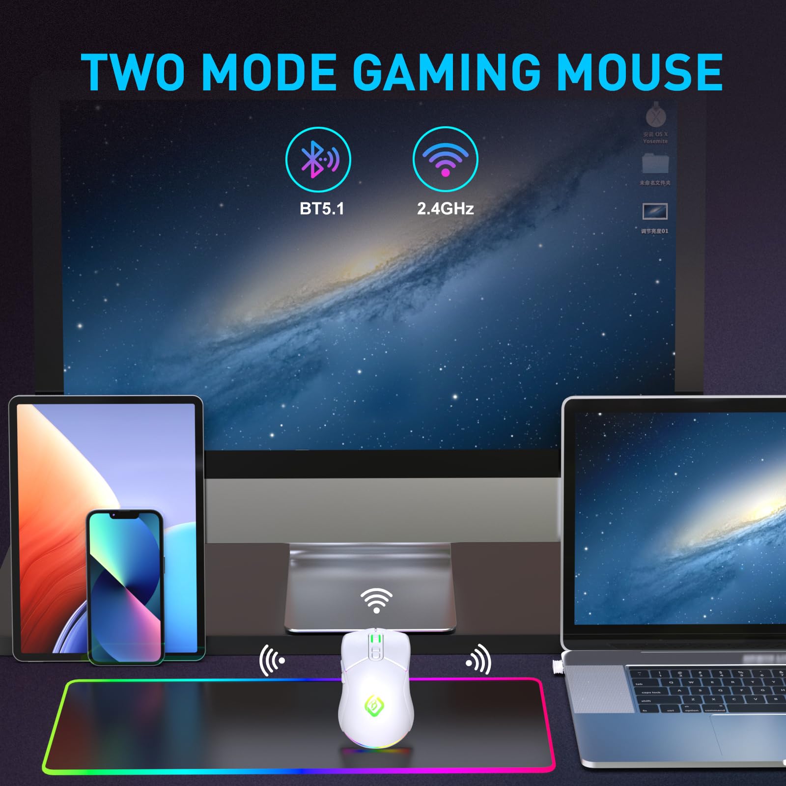 JYCSTE Wireless Gaming Mouse, Dual Mode 2.4GHz/Bluetooth 5.1, RGB Backlit Ergonomic Mouse with 6 Buttons, Rechargeable Computer Mouse for PC, Mac, Laptop (White) - Perfect for Gaming, Office Work, and Home Use