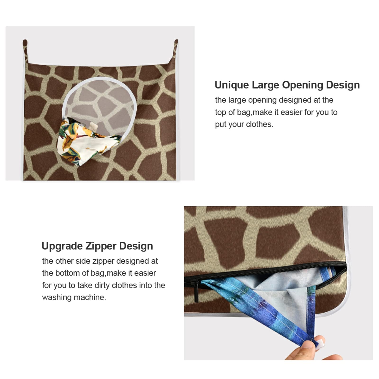 Poeticcity Giraffe Print Laundry Hamper - Animal Texture Seamless Brown Geometric Pattern Hanging Clothes Basket with Hooks for Over The Door Storage | Perfect for Bathroom, Bedroom & Closet Organization
