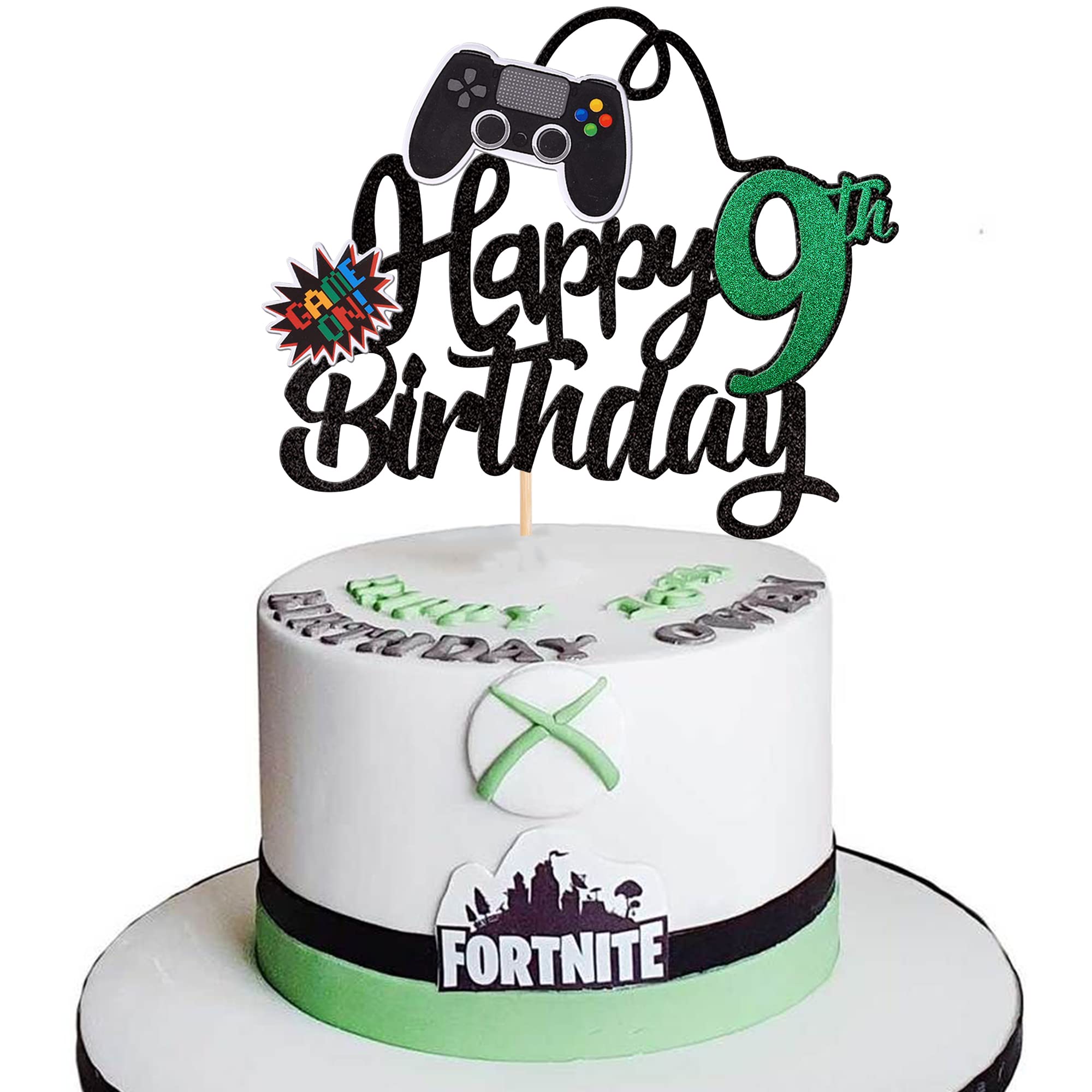 1 PCS Video Game Happy 9th Birthday Cake Topper - Glittery Game Controller Design with 'Game On' & 'Nine Cheers to 9 Years' Text - Perfect for 9th Birthday Party Decorations & Gaming Theme Cakes (Green)