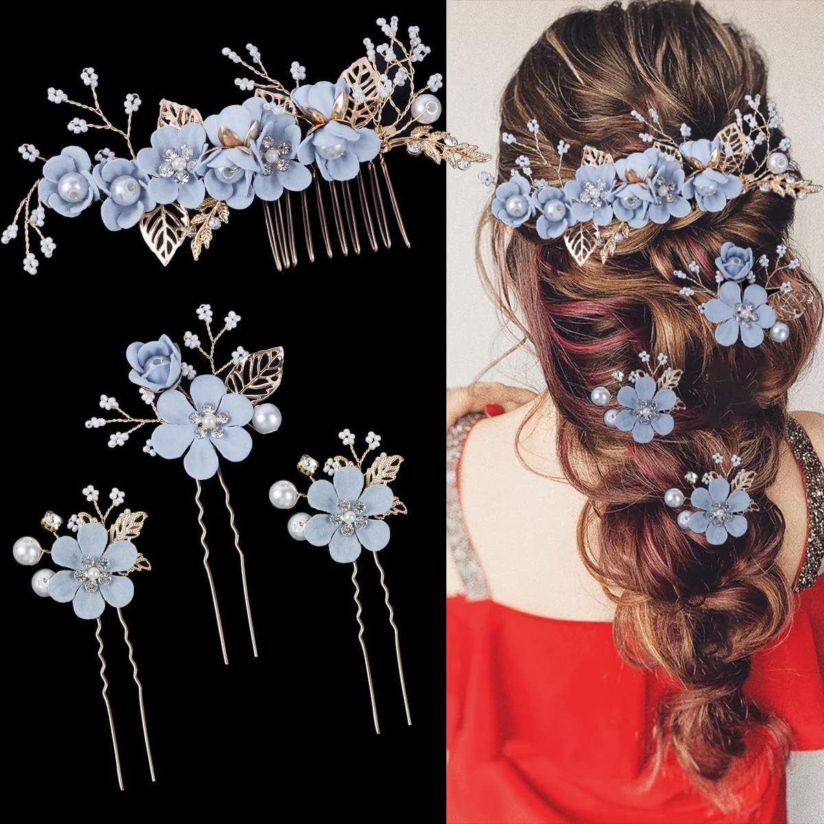 4-Piece Rhinestone Crystal Floral Hair Comb Set - Wedding Hair Accessories for Brides & Bridesmaids (Blue) | Perfect for Weddings, Prom, Parties & Special Occasions