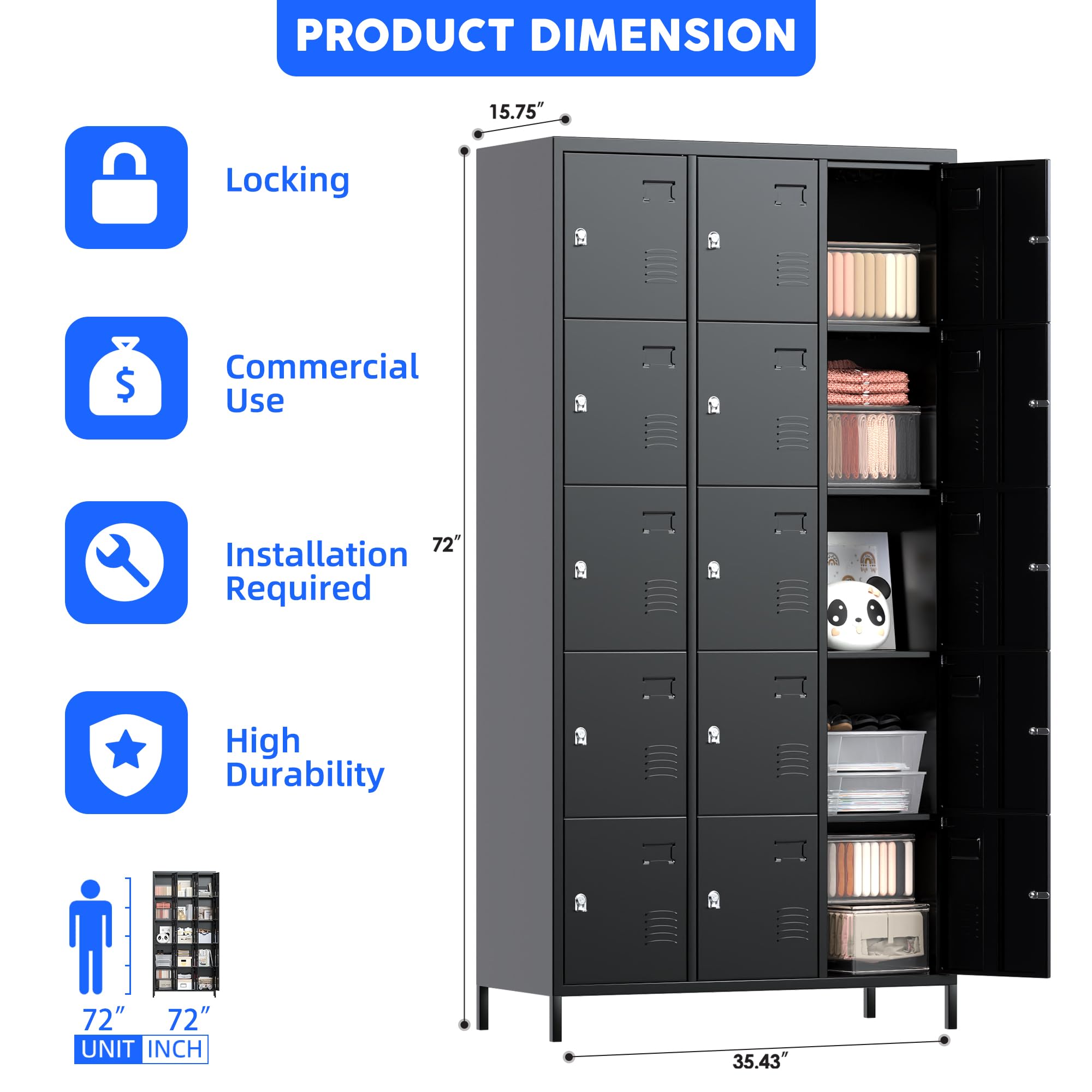 METAN 15-Door Black Steel Storage Locker Cabinet - Heavy Duty Metal Locker for School, Office, Gym, Bedroom & Industrial Use - Employee Storage Locker with Easy Assembly - Perfect for Organization in Classrooms, Workplaces & Fitness Centers