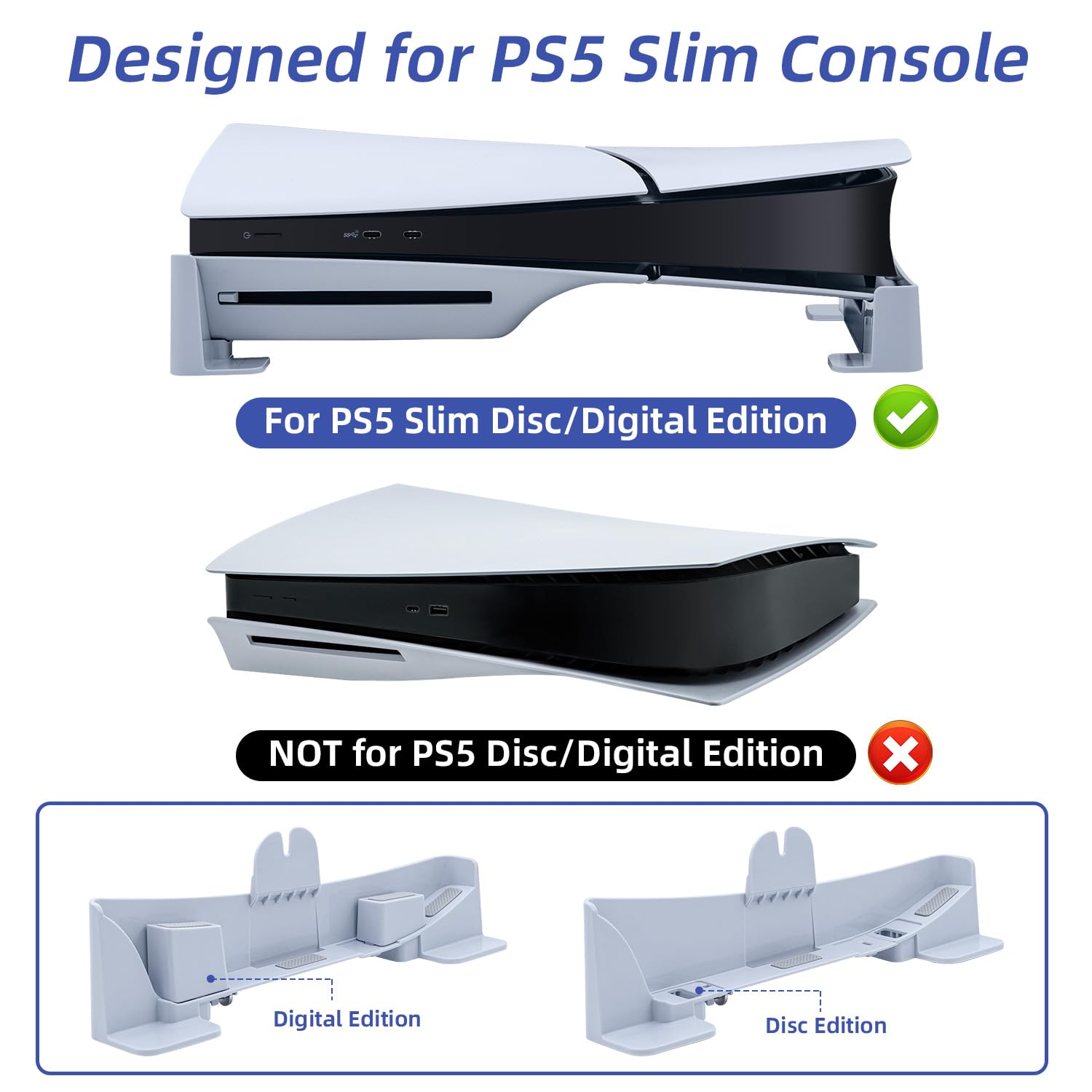 PS5 Slim Horizontal Stand with 4-Port USB Hub - Cooling Stand for PS5 Slim Digital Edition & Ultra HD - Perfect for Gaming Setups & Entertainment Centers