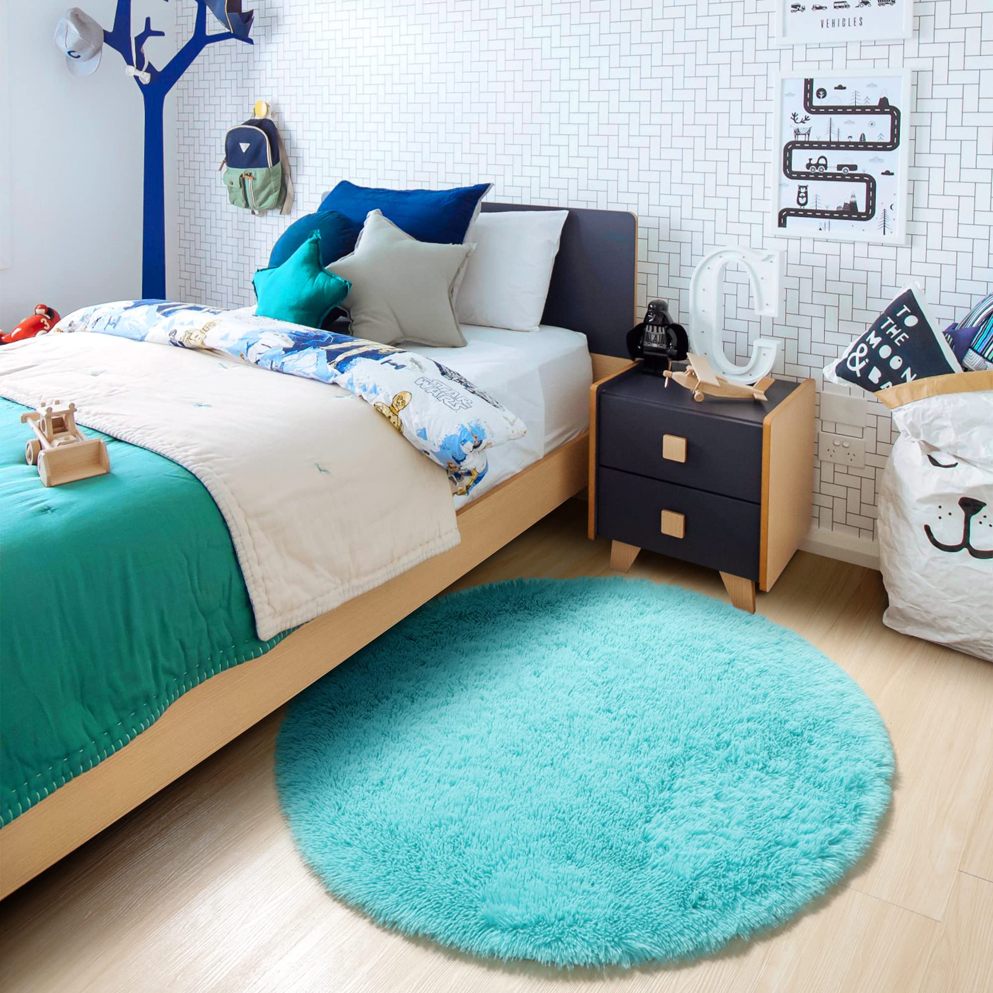 ONASAR Blue Round Area Rug 4ft - Soft Plush Circle Carpet for Bedroom, Nursery, Living Room & Playroom | Fluffy Shaggy Floor Mat for Kids, Girls, Teens & Dorm Decor | Perfect for Cozy Home, Baby Room & Play Areas
