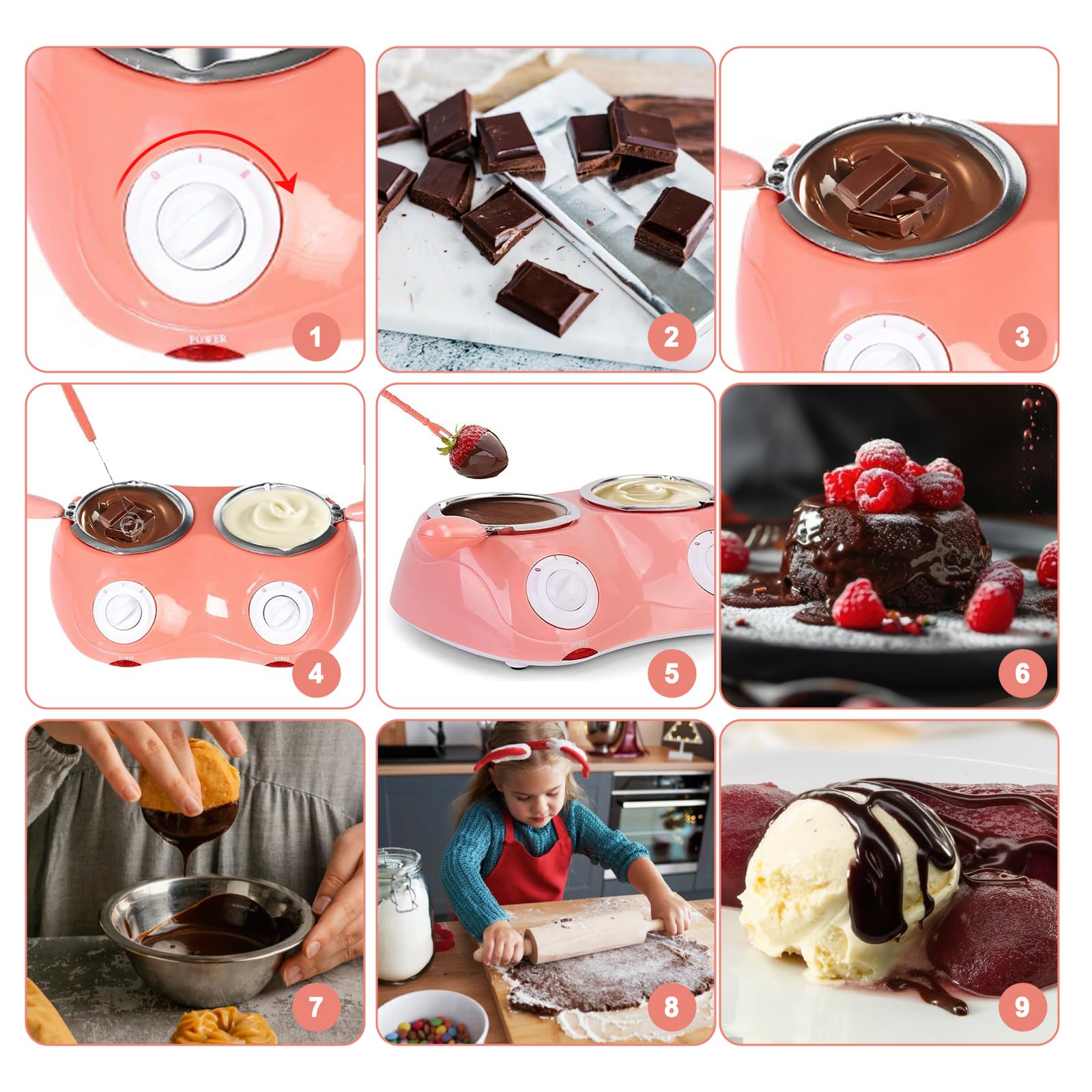 Electric Chocolate Fondue Maker with Double Melting Pot - 2 Adjustable Temperature Mini Fondue Set for Milk Chocolate, Cheese, Butter & Candy - Perfect for Parties, Desserts & DIY Treats
