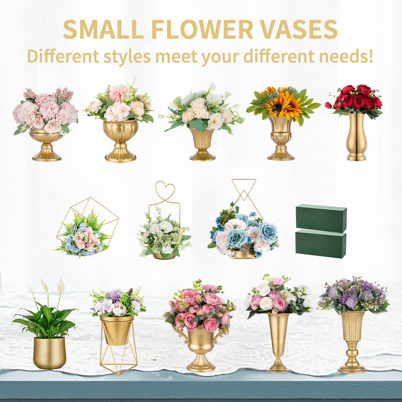 Elegant Gold Metal Urn Vases for Wedding Centerpieces - Set of 10, 6.5 Inch Tall Trumpet Vases for Table Decorations, Party & Home Decor - Perfect for Wedding Receptions, Anniversary Celebrations and Special Events