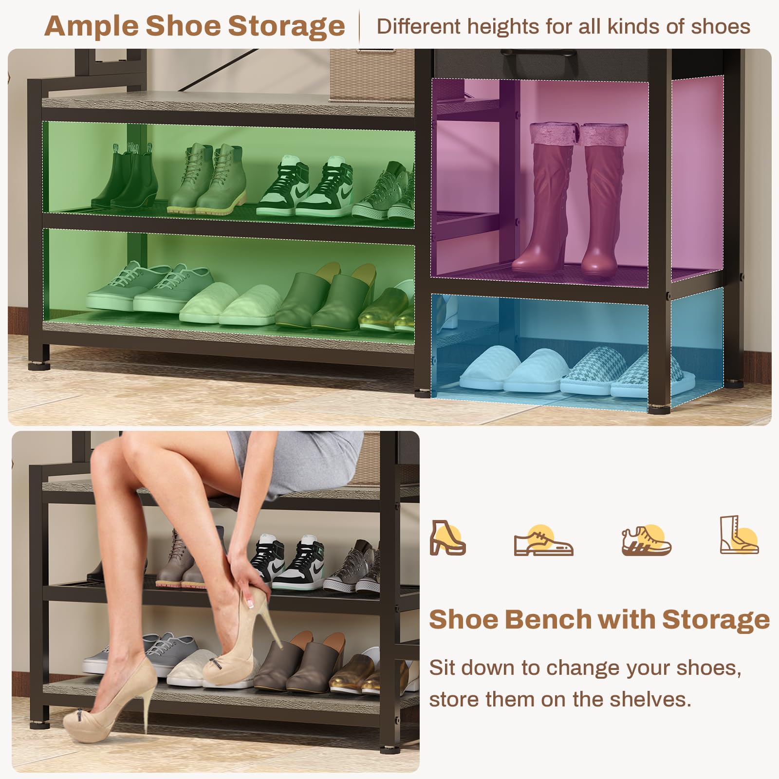 7-in-1 Itaar Hall Tree with Bench & Shoe Storage - Entryway Organizer with Coat Rack, 3 Cubbies, 3 Shelves, 17 Hooks & 2 Fabric Drawers (Oak Grey) - Perfect for Mudroom, Foyer & Small Space Organization