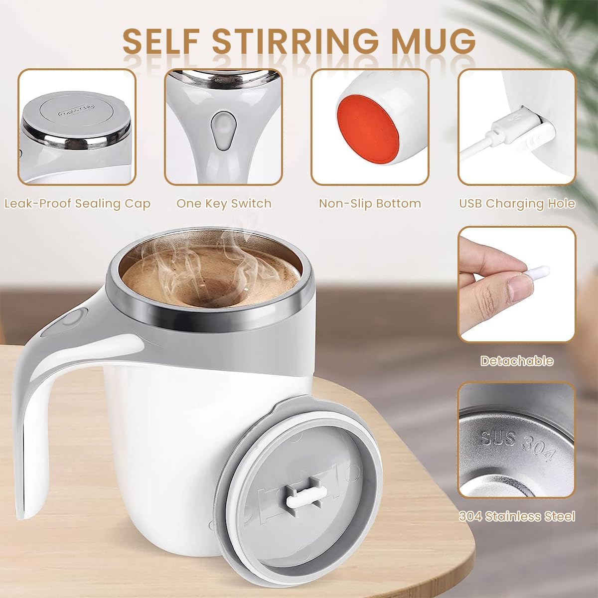 Milex SMART SELF-STIRRING CUP - Electric Stirring Mug for Coffee, Tea & Hot Beverages - Perfect for Office, Travel & Home Use
