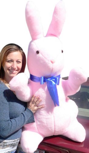 Giant 42-Inch Pink Plush Stuffed Rabbit - Extra Soft Jumbo Stuffed Animal Toy for Kids & Adults - 3.5-Foot Oversized Bunny with Blue Satin Bow - Perfect for Nursery Decor, Birthday Gifts & Cuddling