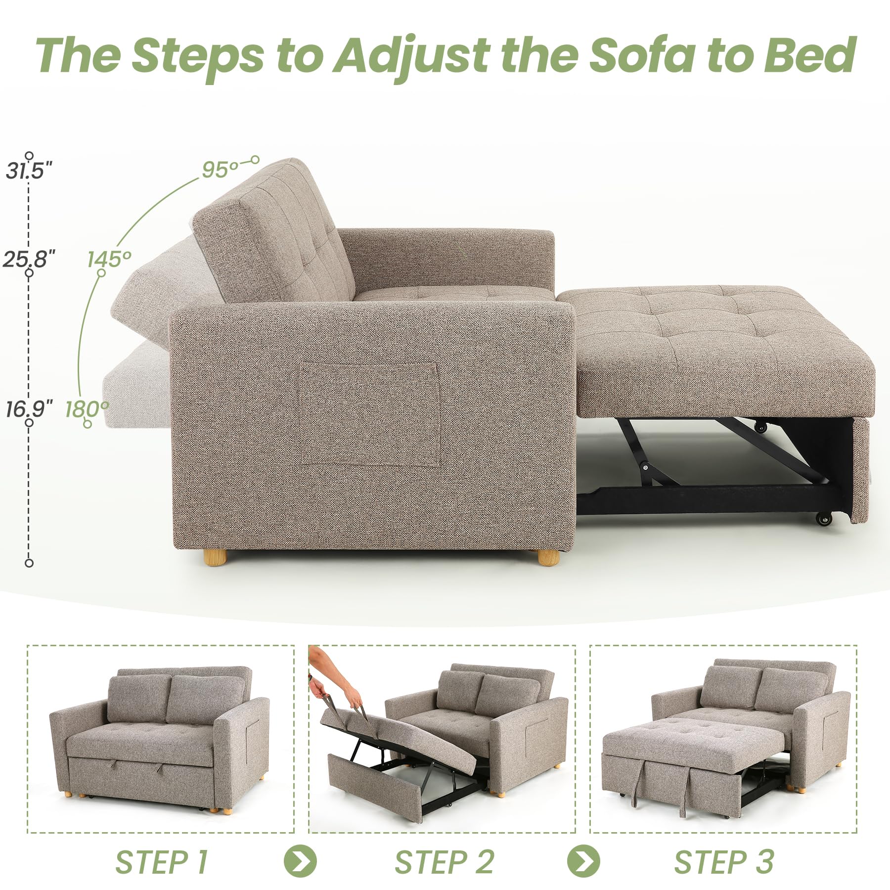 SEJOV 3-in-1 Convertible Sofa Bed with Linen Fabric - Pull Out Sleeper Couch, 49