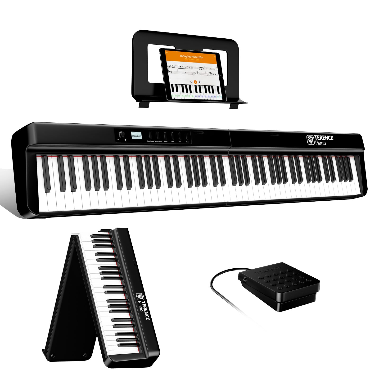 TERENCE 88-Key Weighted Folding Digital Piano Keyboard - Full Size Portable Electric Piano with 2X25W Speakers, Music Stand, Stickers, Headphones & Sustain Pedal - Perfect for Home Practice, Stage Performance & Music Education