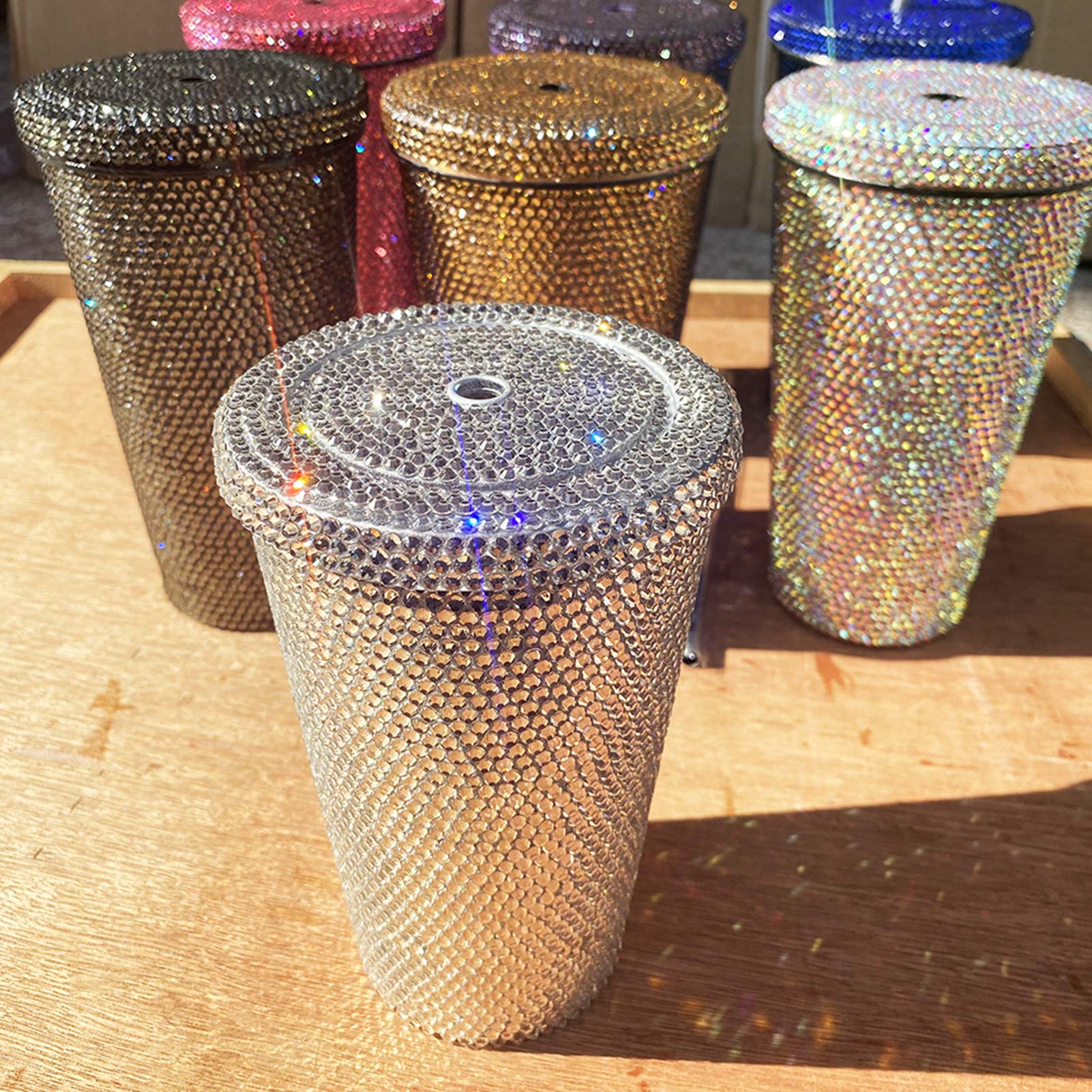500ml/17oz Stainless Steel Glitter Tumbler with Lid & Straw - Rhinestone Bling Insulated Cup for Cold Drinks & Coffee | Cute Sparkly Travel Mug for Women | Perfect for Office, Gym, Beach & Outdoor Activities (White, 1-Pack)