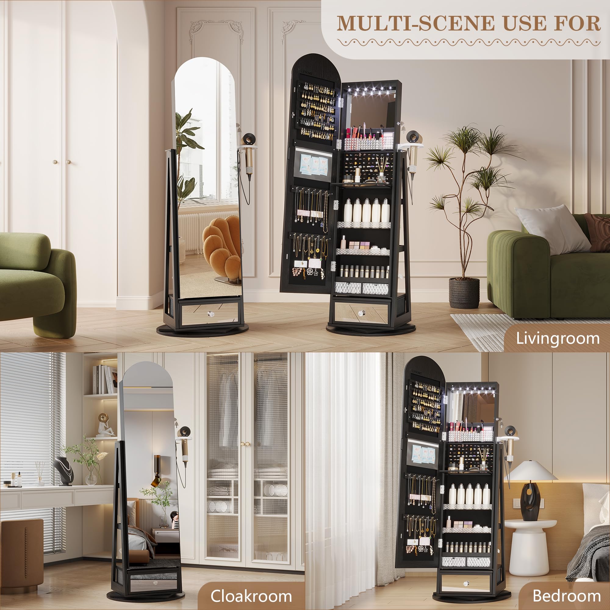 360° Swivel Arched Jewelry Mirror Cabinet with LED Lights - 64