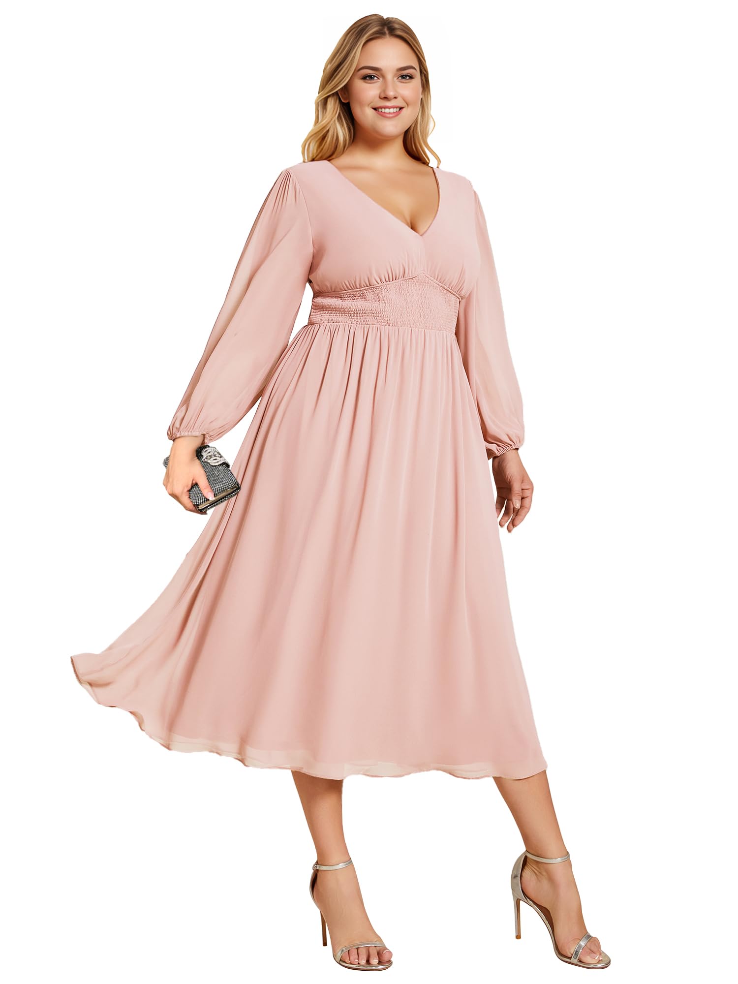 Ever-Pretty Women's Plus Size A-Line V-Neck Lantern Sleeve Midi Formal Dress for Curvy Women 01929-DA | Elegant Wedding Guest & Cocktail Party Attire