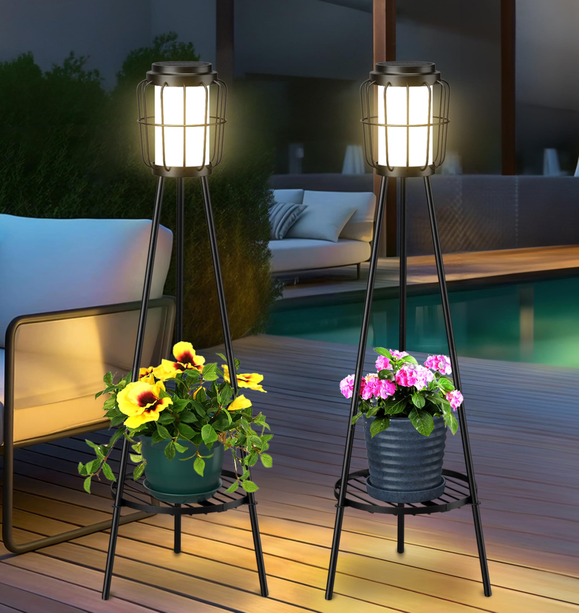 2 Pack Solar Powered Outdoor Floor Lamps with Plant Stand - Waterproof Garden Lights for Patio, Deck, Porch & Yard Decor - Perfect for Evening Gatherings & Landscape Lighting