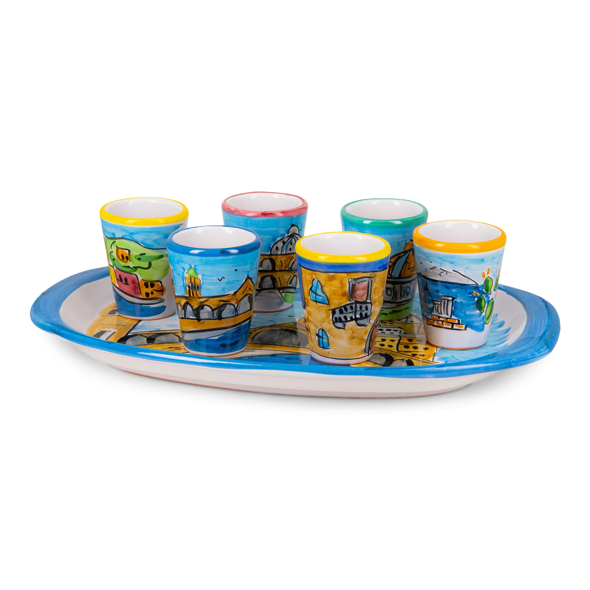 Dolceterra Limoncello Hand-Painted Ceramic Glasses Set of 6 with Matching Tray - Italian Inspired Cocktail Glasses for Limoncello, Lemonade & Summer Drinks - Perfect for Home Bar, Parties & Gifts
