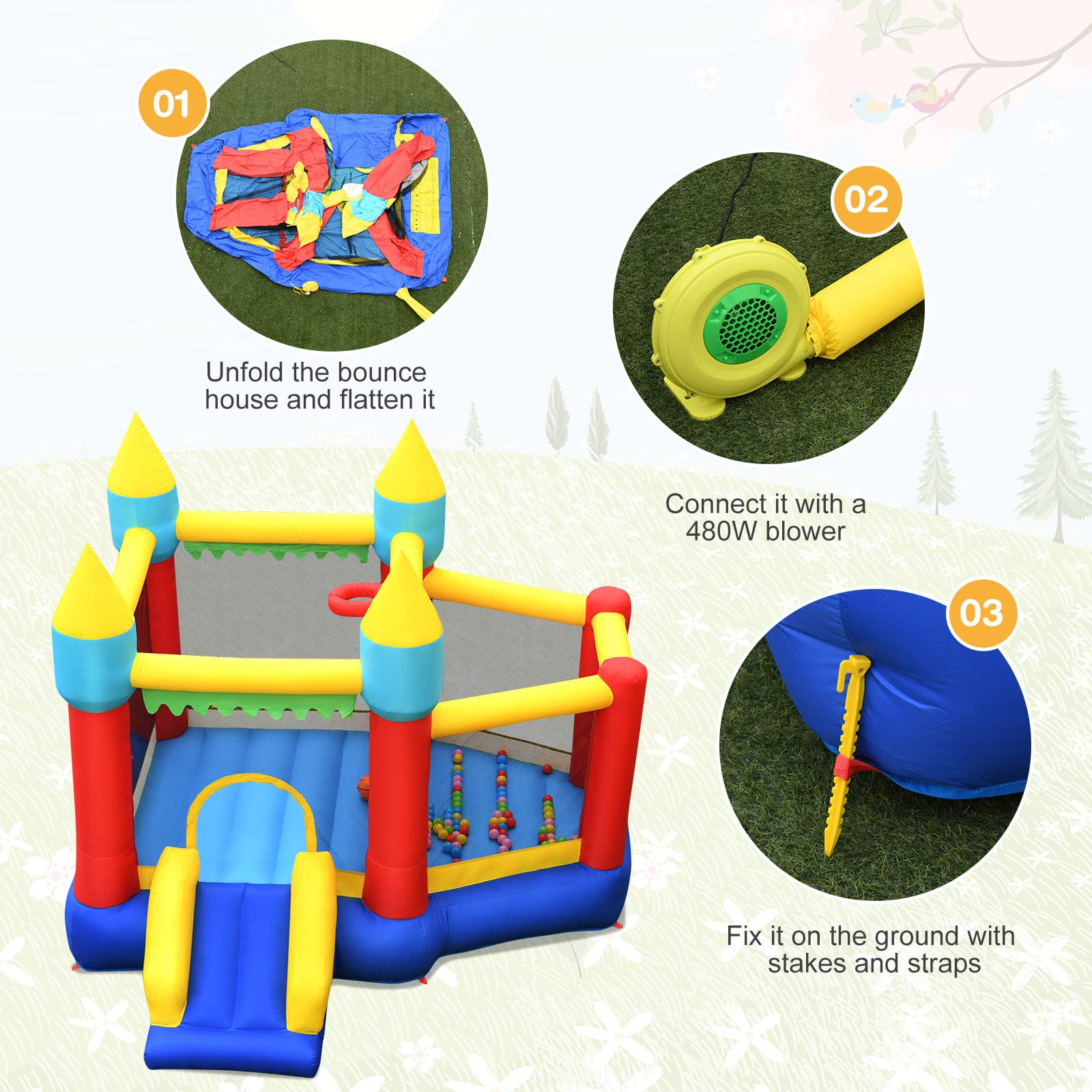 HONEY JOY Inflatable Bounce House with Slide & Ball Pit - Kids Outdoor Play Center for Birthday Parties, Backyard Fun, and Summer Activities - Includes Basketball Hoop & Stakes (Blower Not Included)