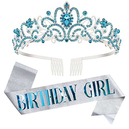 Blue Birthday Tiara and Sash Set for Women - Araluky Happy 1st Birthday Crown & Comb with Princess Crystal Headband - Perfect for Girls' Birthday Parties, Princess Theme Events & Special Occasions