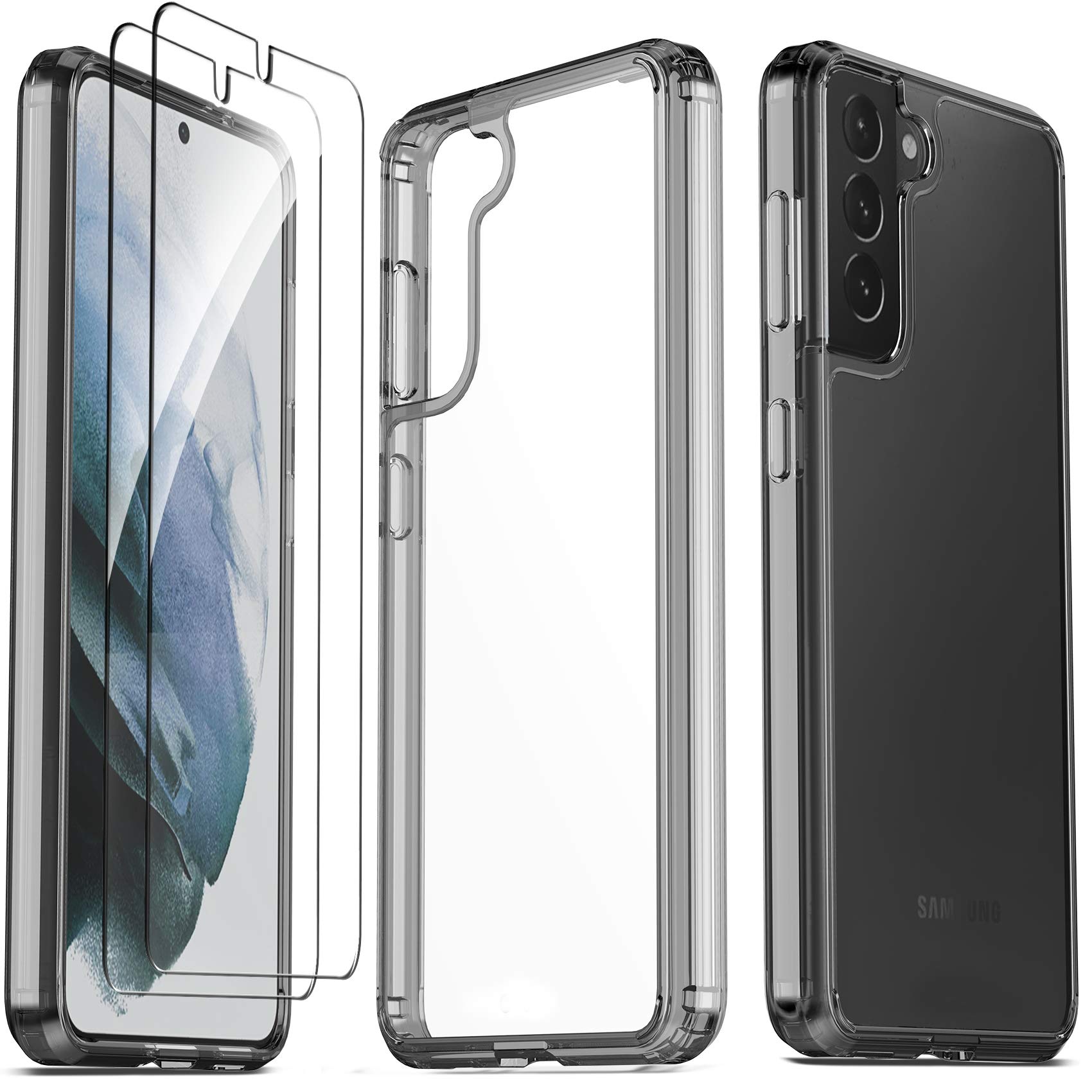 Samsung Galaxy S21 Case with 2 Pack Tempered Glass Screen Protector - Military Grade Shockproof Cover, Hard PC Back & TPU Bumper, Anti-Yellowing Design (Not Fit S21 Plus) - Perfect for Outdoor Activities, Travel & Daily Protection - Black