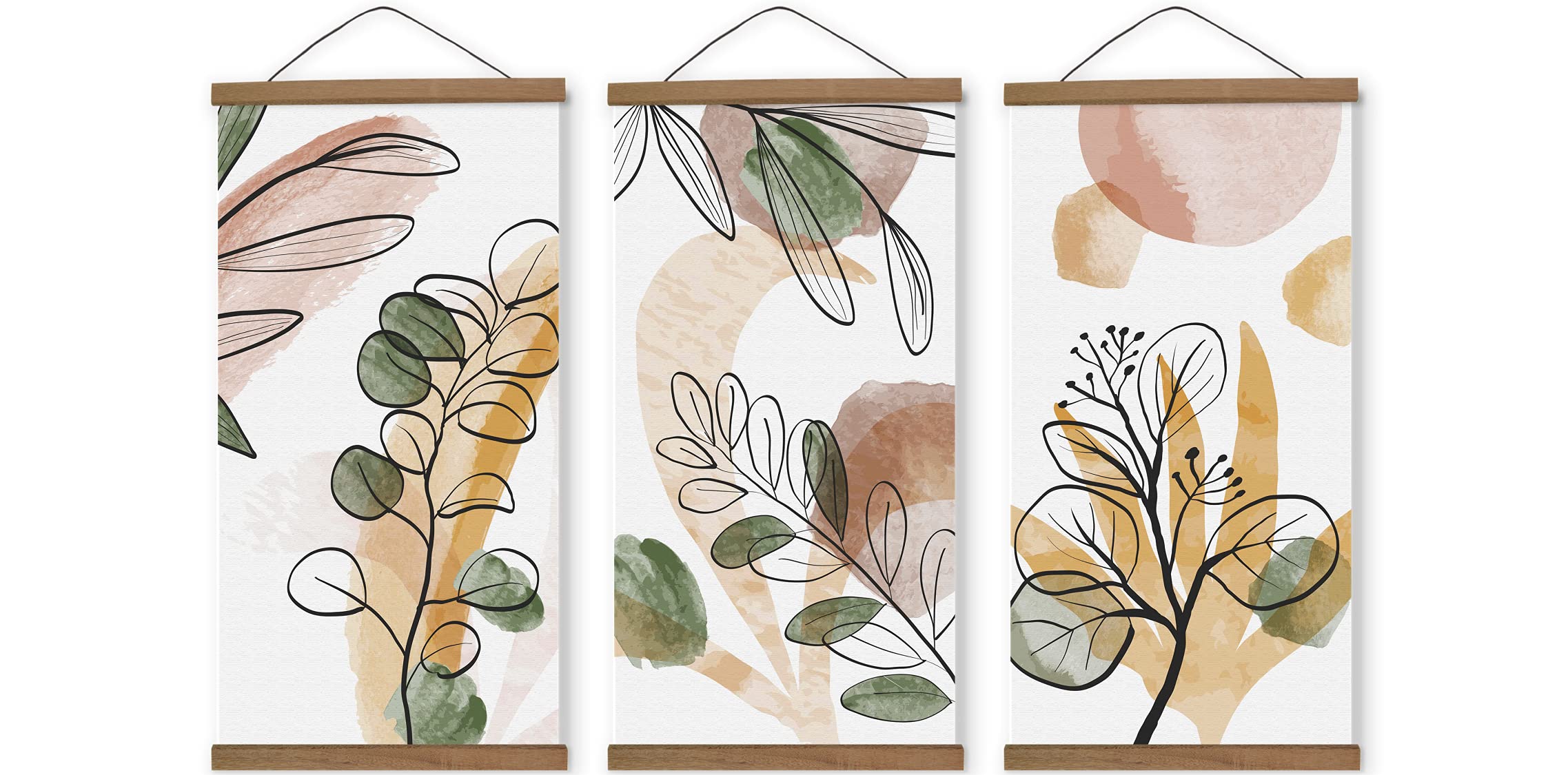 Boho Wall Art Set of 3 - Framed Botanical Prints 18x36, Green Plant Posters for Living Room & Bedroom Decor - Perfect for Above Bed or Boho Home Decor