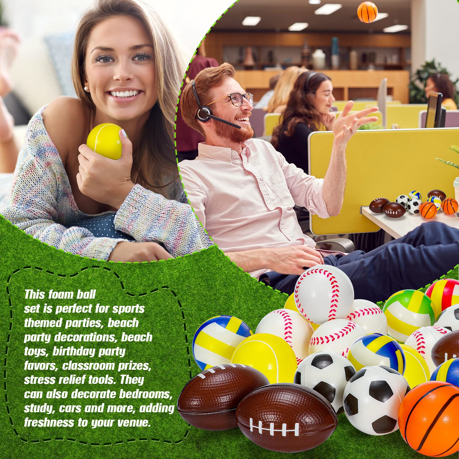 96 Pack 2.5 Inch Mini Foam Sports Stress Balls - Basketball, Football, Baseball, Soccer, Tennis, Volleyball with Storage Bag - Perfect for Pool Party, Beach Games, Birthday Favors, Classroom Rewards & Stress Relief Toys