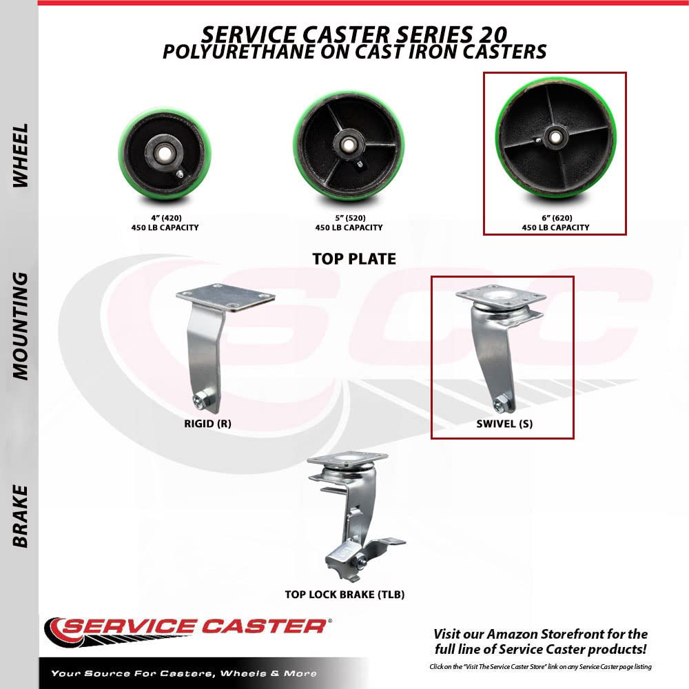 6 Inch Swivel Caster Wheels with Polyurethane Tread & Cast Iron Core – 1800 lbs Capacity – Heavy Duty Roller Bearing Casters (Set of 4) – Ideal for Industrial Carts, Warehouse Equipment & Moving Dollies