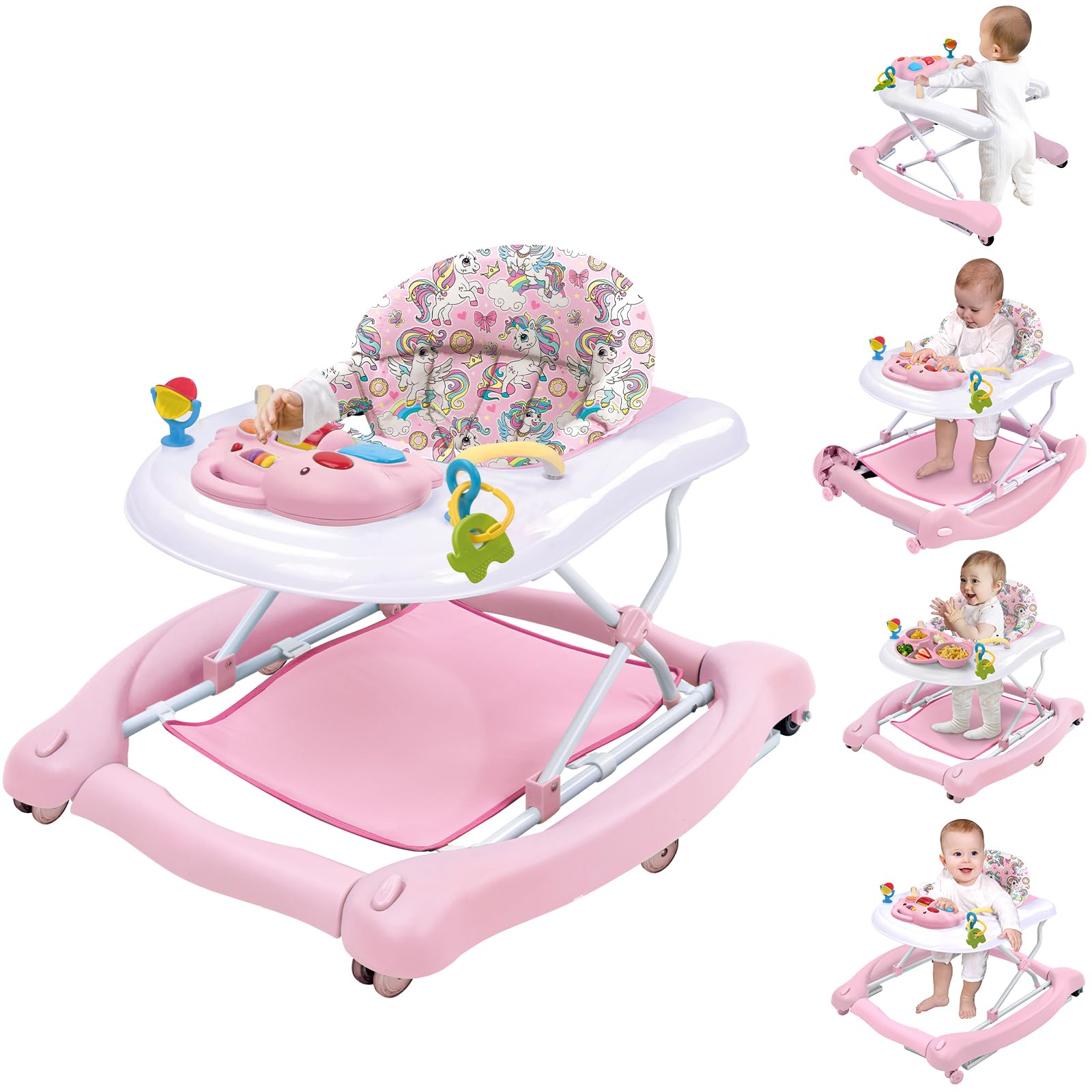 5 in 1 Foldable Baby Walker with Detachable Trampoline Mat - Adjustable Speed Wheels & Height for 6-18 Months (Pink) | Baby Bouncer, Rocker, Activity Center & Push Walker | Perfect for Playtime, Learning to Walk & Indoor Fun