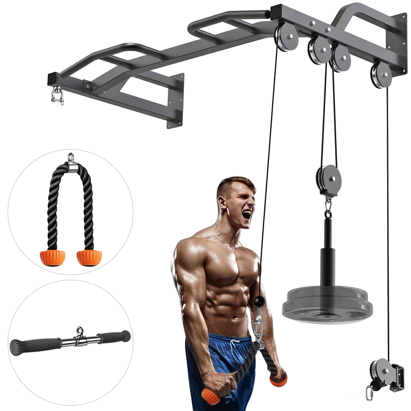 Kipika 48-Inch Wall Mounted Multi-Function Gym Cable Pulley System with Pull Up Bar & LAT Pulldown Attachments - DIY Home Gym Equipment for Strength Training, Punching Bag Hanger - Perfect for Home Workouts, Garage Gyms & Functional Fitness Training