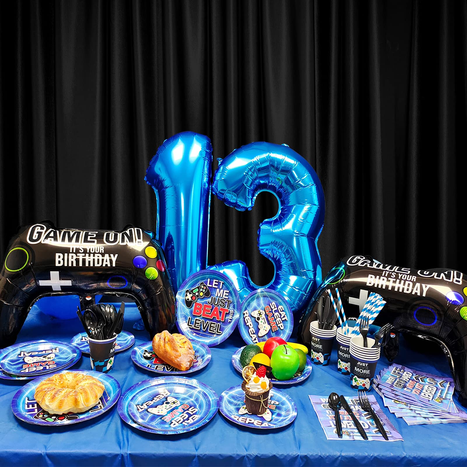 Vlipoeasn 13th Birthday Video Game Party Supplies - Blue Gamer Theme Decorations Set for Boys (169 PCS) | Includes Disposable Plates, Hanging Swirls, Balloons & Birthday Banner | Perfect for 16 Guests | Ideal for Gaming Parties, Teen Celebrations & Themed Events