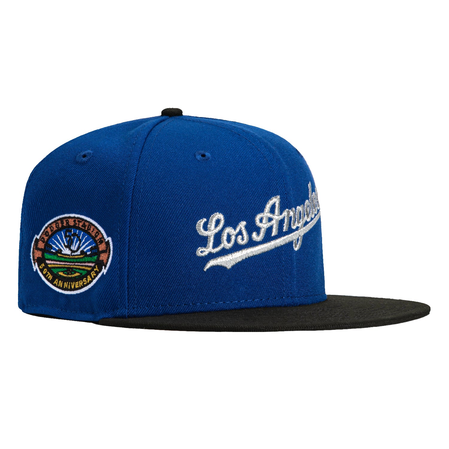 New Era 59Fifty Los Angeles Dodgers 50th Anniversary Snapback Hat with Stadium Patch - Royal, Black, Metallic Silver | Official MLB Baseball Cap for Men & Women | Perfect for Games, Collecting & Streetwear Fashion
