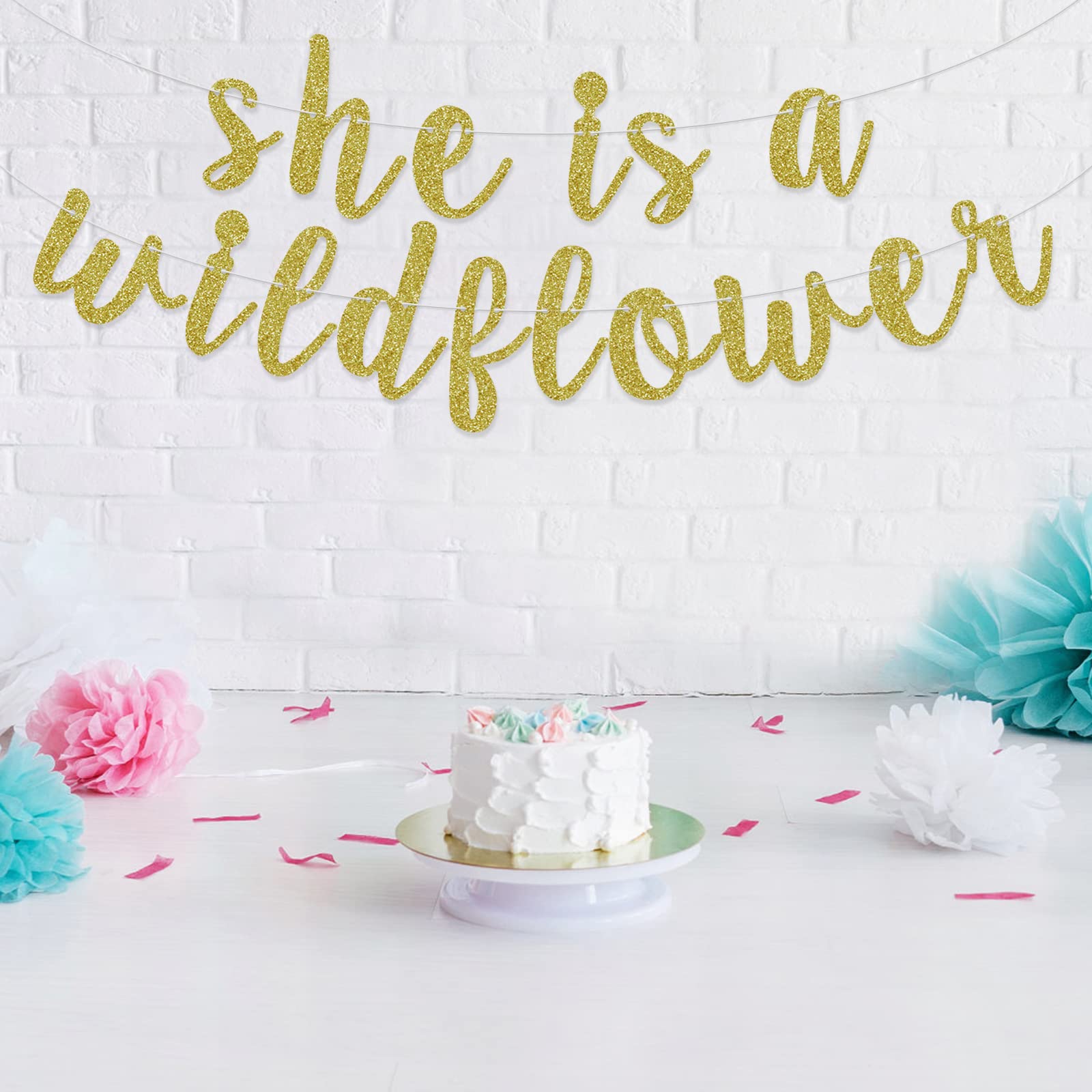 Wildflower Banner for Baby Shower Decorations - Floral Theme Birthday Party Sign, Spring Bunting Garland for Girls (Pre-Strung with Gold Glitter) - Perfect for Nursery, Bridal Shower & Spring Celebrations