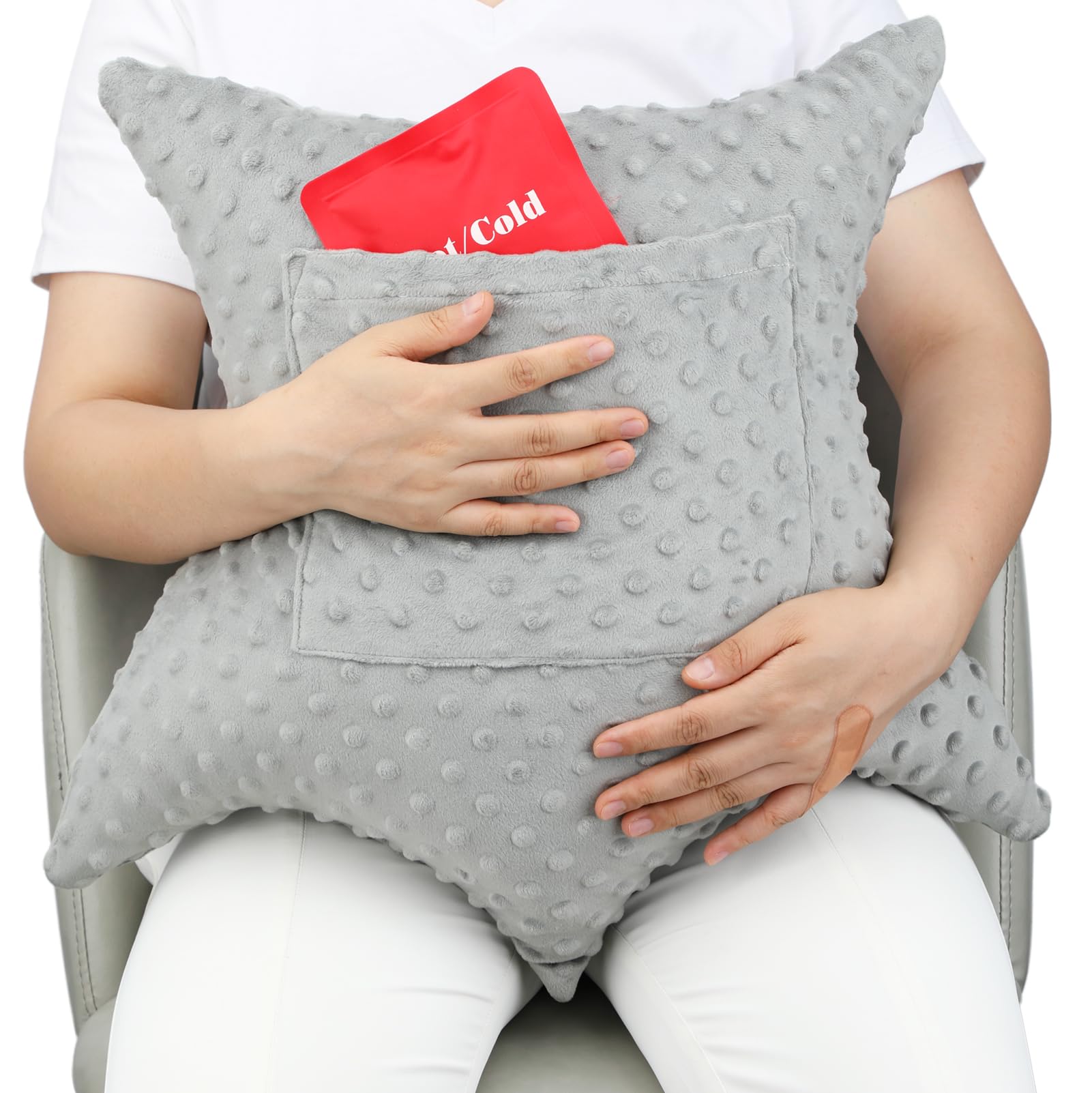 Star Shape Hysterectomy Pillow for Post-Surgery Recovery - Soft Minky Dot Abdominal Support Pillow with 2 Pockets, Shock Absorbing Cough Cushion (Light Gray) - Ideal for Hysterectomy, C-Section, Tummy Tuck & Laparoscopic Surgery Recovery at Home