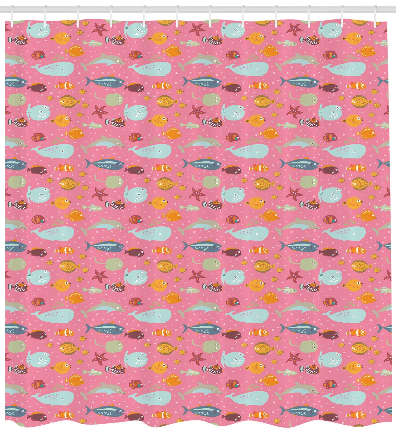 Ambesonne Fish Shower Curtain - Doodle Marine Theme with Pufferfish, Clownfish, Whale & Dolphins on Pink Background - 69x75 Inch Waterproof Fabric Bathroom Decor with Hooks - Perfect for Kids' Bathrooms, Beach House Decor & Ocean-Themed Nurseries