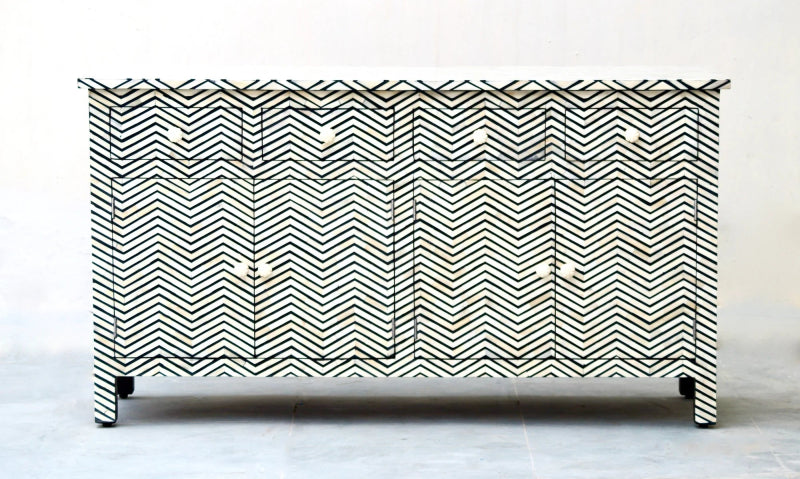 Handmade Bone Inlay Sideboard with 4 Drawers & 4 Doors - Black Chevron Pattern Wooden Buffet Cabinet for Dining Room, Living Room & Entryway Storage