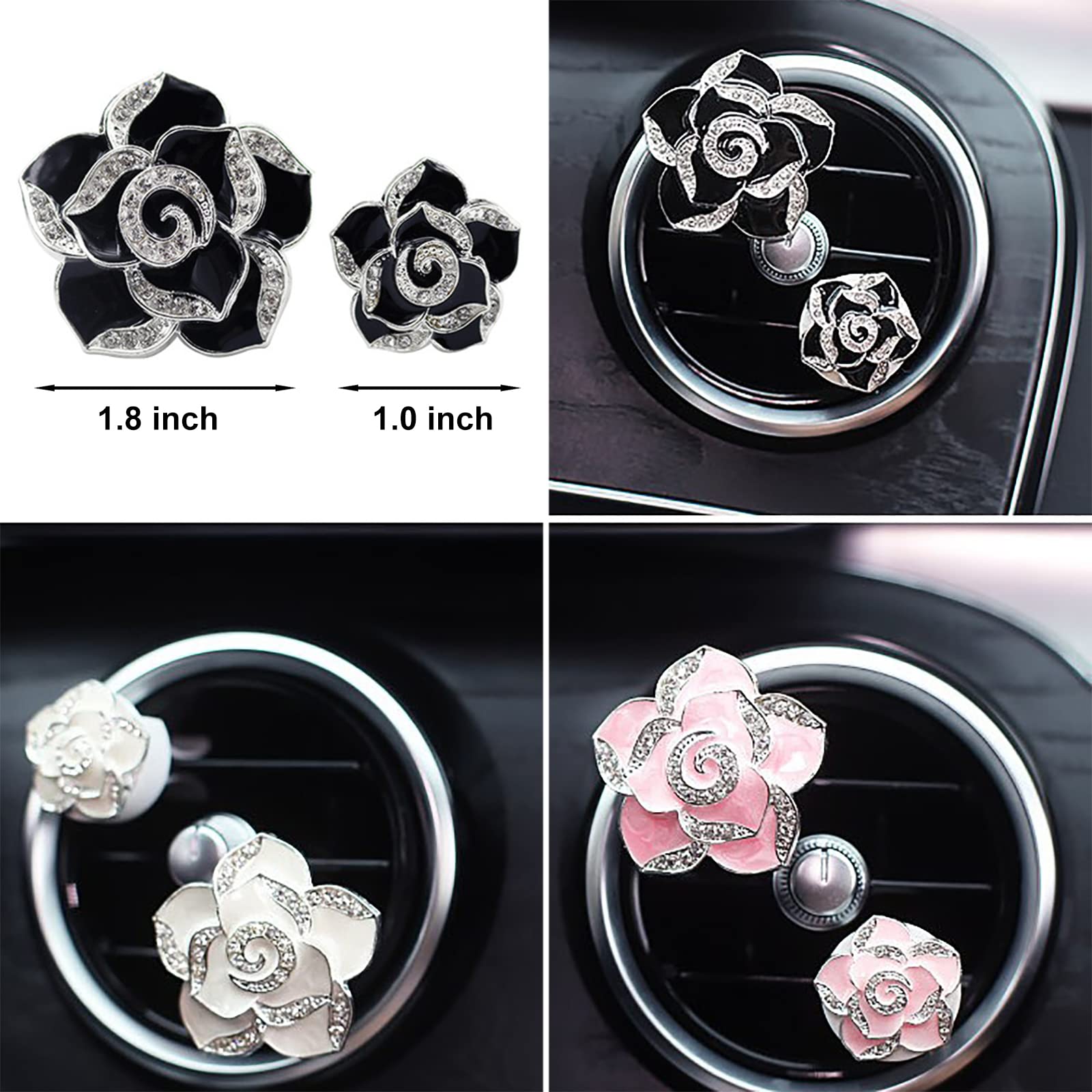 2 Pcs Camellia Air Vent Clips - Cute Flower Car Air Freshener with Crystal Rose Charm, Bling Car Vent Decor for Women & Girls | Perfect for Car Interior Decoration & Aromatherapy