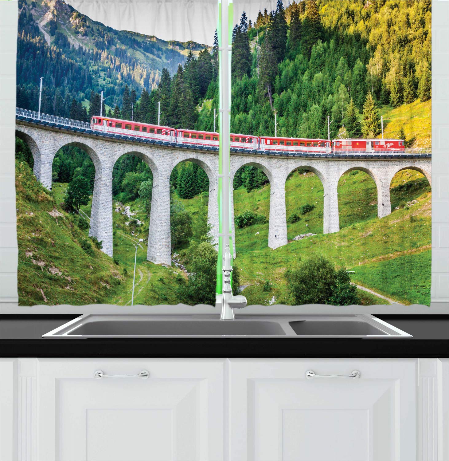 Ambesonne Train Track Kitchen Curtains - Switzerland Railway Forest Photo Print Window Drapes, 2 Panel Set for Kitchen & Cafe Decor, 55 x 39 Inches, Multicolor - Perfect for Rustic, Nature-Inspired Home & Restaurant Decor