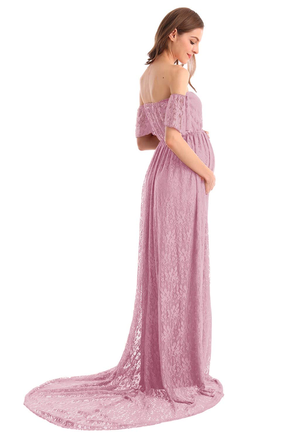 HIHCBF Women's Bohemian Lace Maternity Wedding Dress - Off-Shoulder Ruffle Sleeves for Baby Shower, Pregnancy Photo Shoot & Beach Wedding Gown