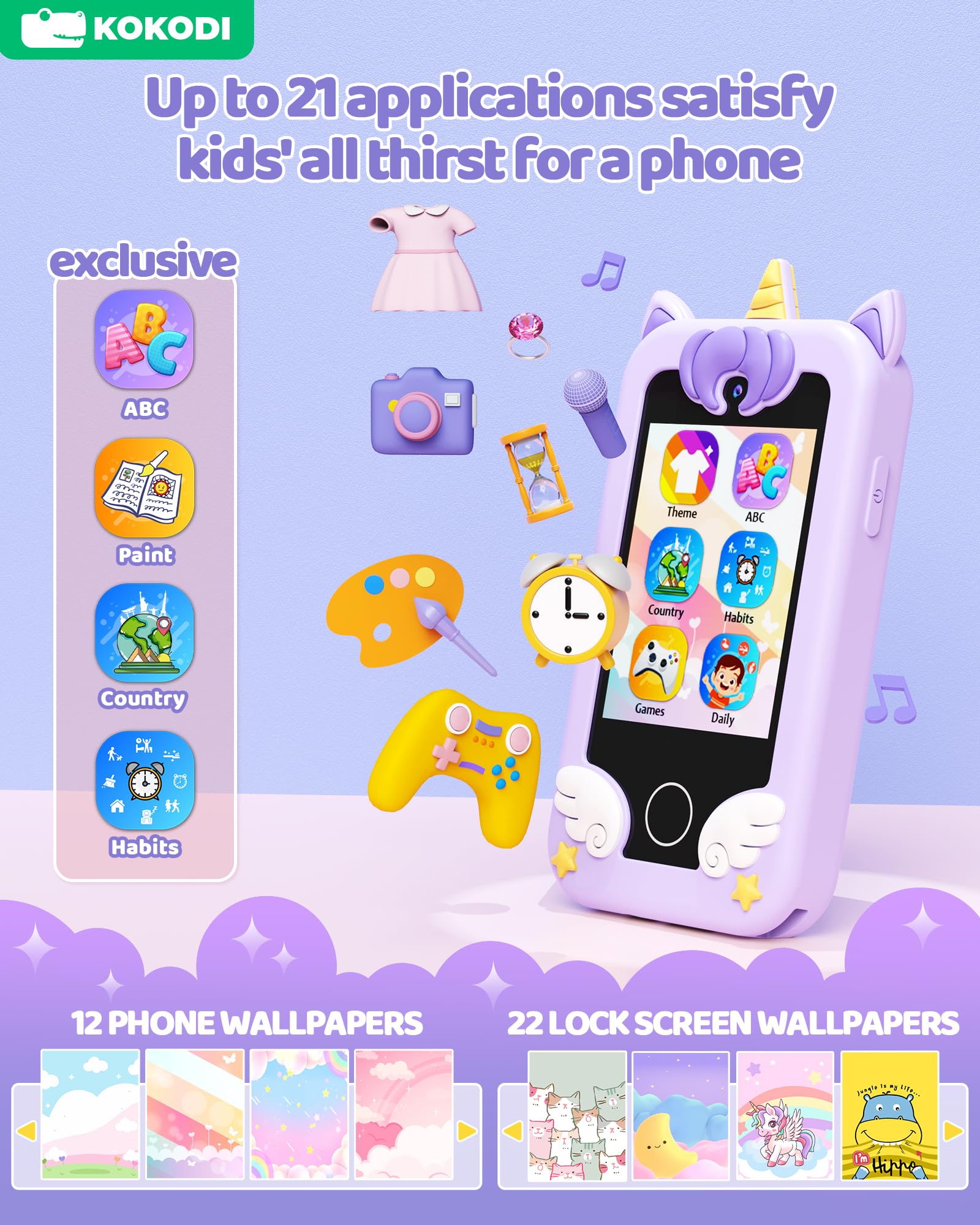 KOKODI Unicorn Smart Phone Toy for Girls Ages 3-10 - Touchscreen Kids Phone with HD Dual Camera, Learning & Travel Toy - Perfect Birthday Gift for Toddlers & Preschoolers (Purple) | Pretend Play, Early Education & Road Trip Entertainment