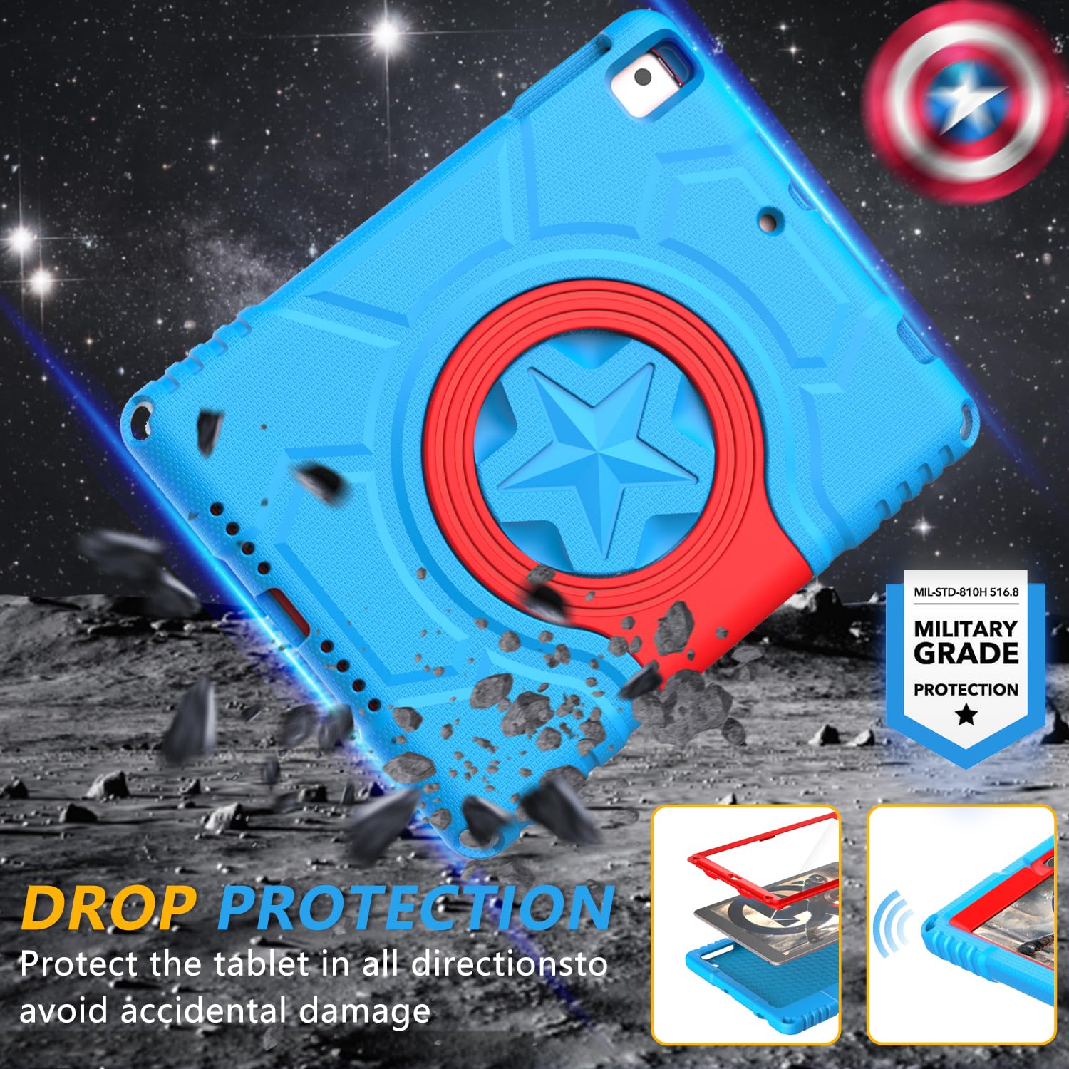 **Lainergie Shockproof Kids iPad Case for iPad 5th/6th Gen, iPad Air 2 & iPad Pro 9.7-inch (2017/2018) - Lightweight Protective Cover with Screen Protector & Handle Stand, Blue - Perfect for School, Travel & Home Use**