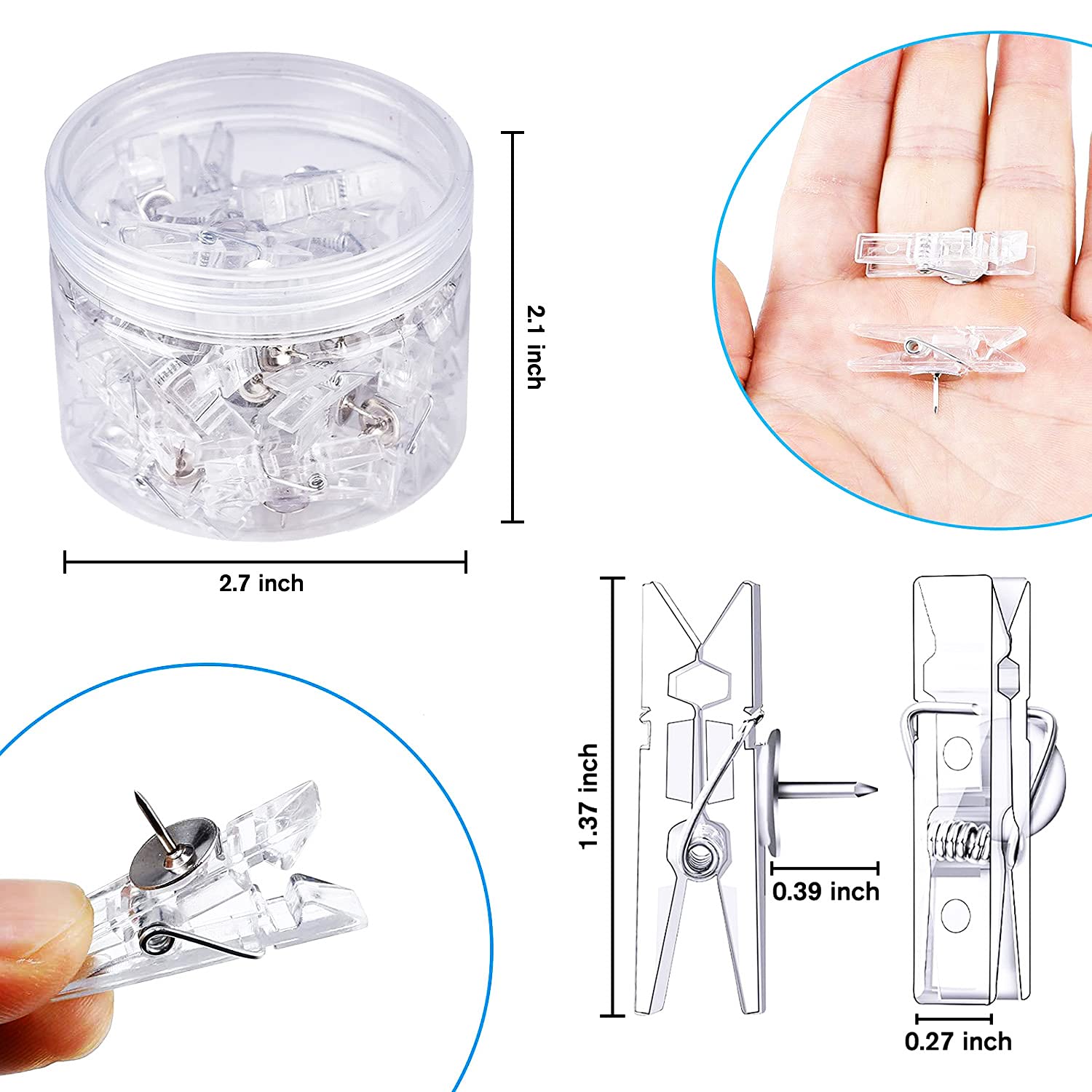 32-Piece Reusable Push Pin Clips - Clear Mini Transparent Plastic Thumbtacks for Cork Boards, Wall Art, Photos & Notes | Decorative Craft Paper Clips & Clothespins | Perfect for Office, Classroom & Home Organization
